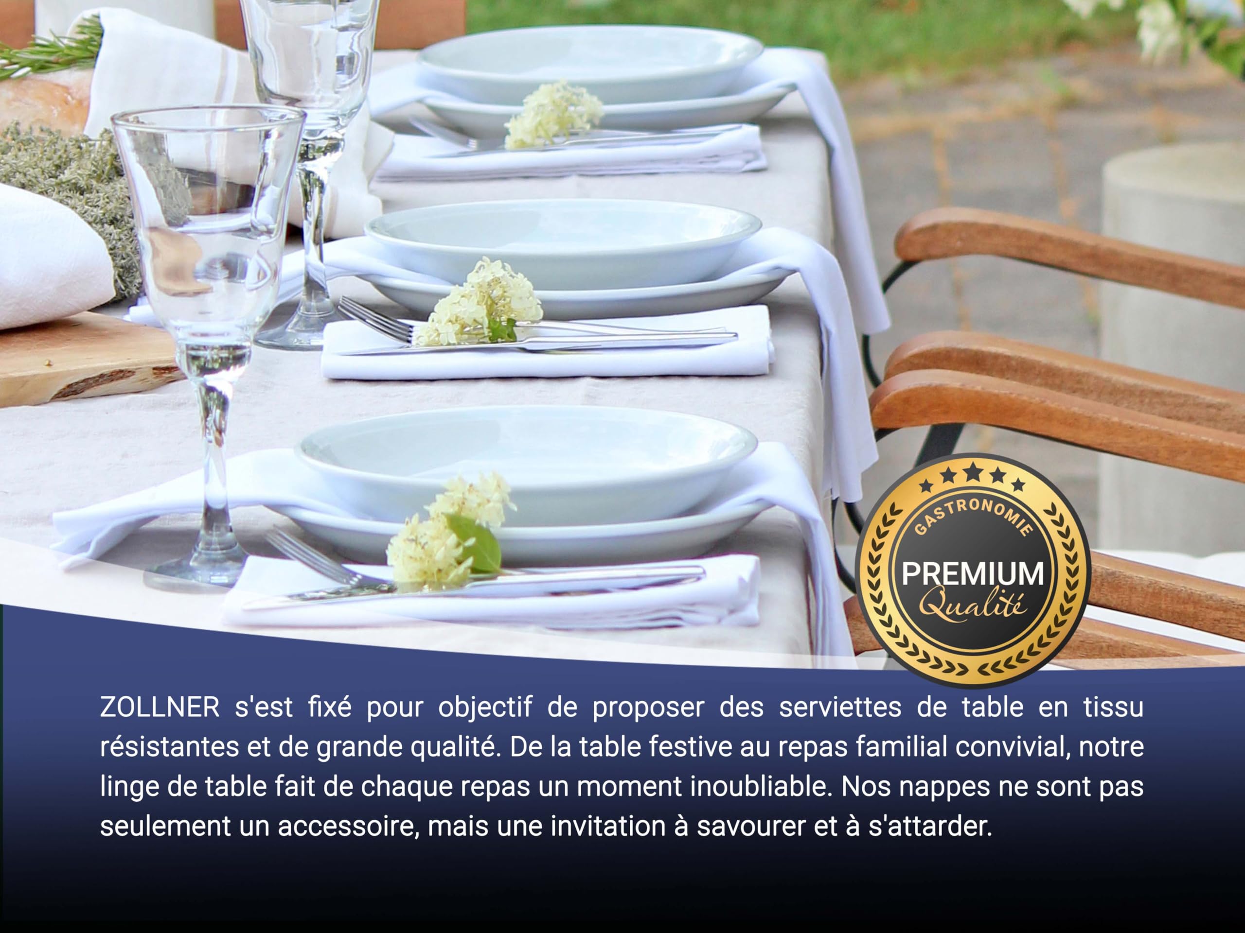 ZOLLNER Set de 25 Serviettes en Tissu Coton en 50x50 cm - Serviettes de Bouche résistantes avec Bord en Satin - Brillant Soyeux - lavables à 95°C - en Blanc - qualité gastronomique