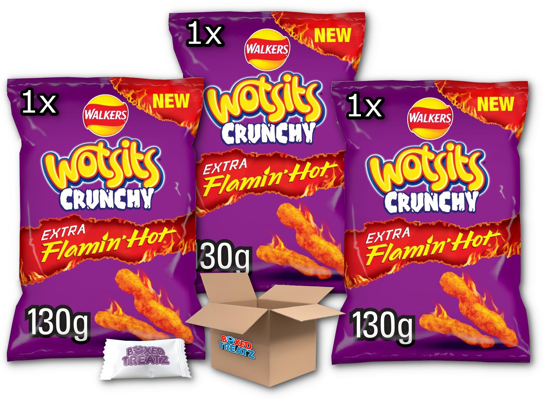 Walkers NEW Extra Flamin' Hot Flavour - Wotsits Crunchy Flavour Corn Puffs 3x130g Boxed Treatz