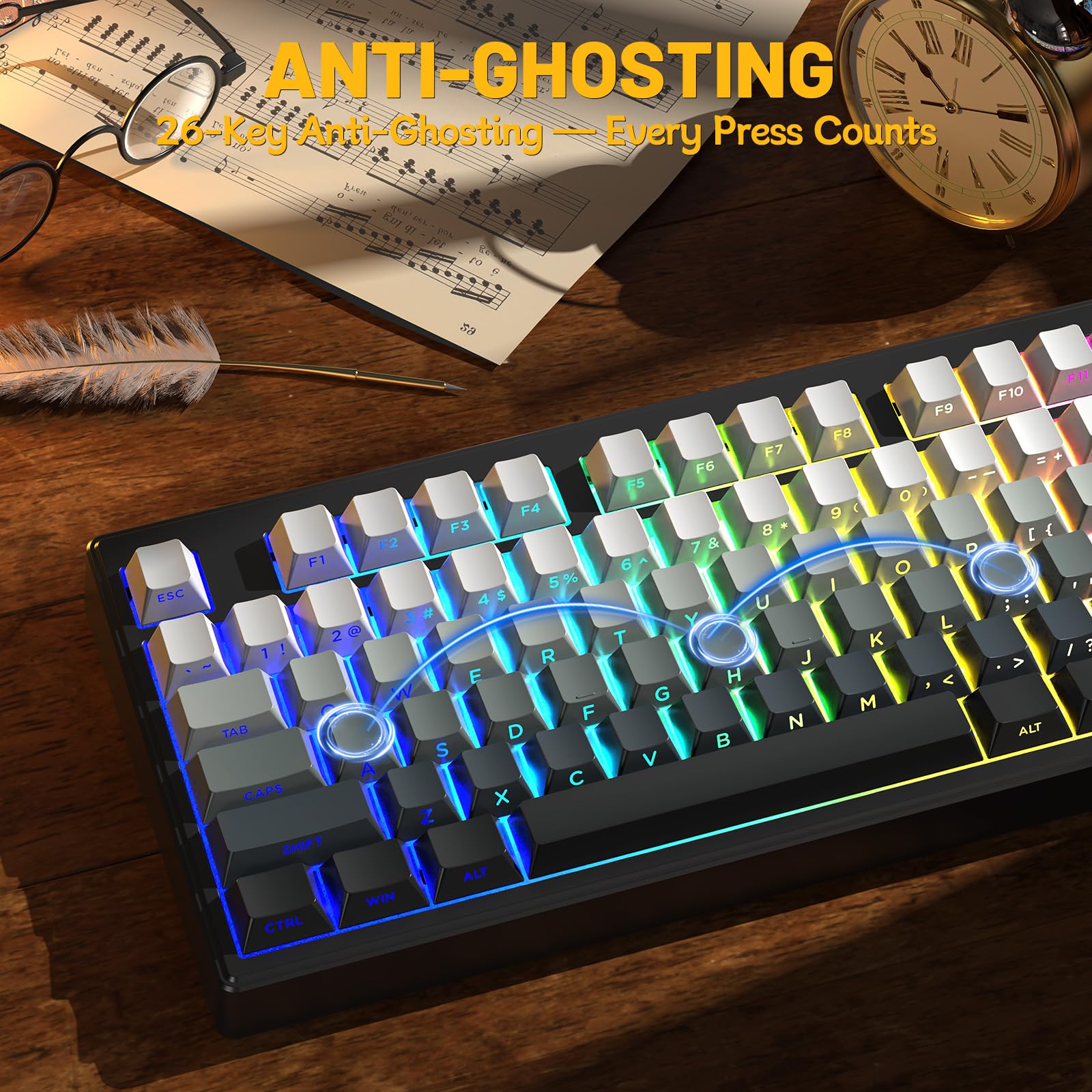 FREEWOLF M87V2 Wireless Gaming Keyboard, Tri-Mode BT/2.4G/cablata, silenziosa e delicata, 4000 mAh, tasti con stampa laterale, QWERTY US, anti-ghosting, 16 m RGB, per Mac/Win