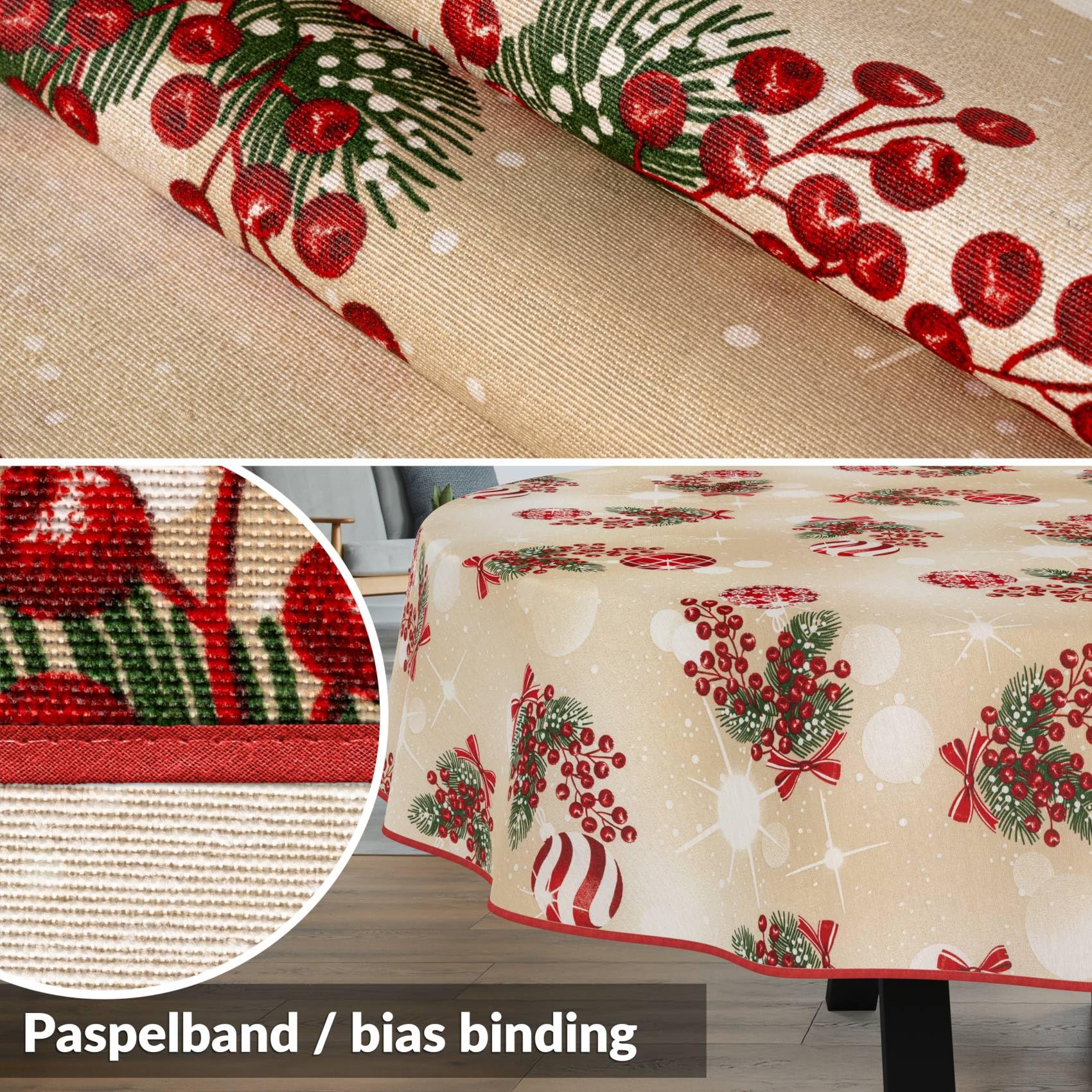 ANRO Tischdecke abwaschbar Weihnachtskugeln Beige mit Saum oval 220x140 cm