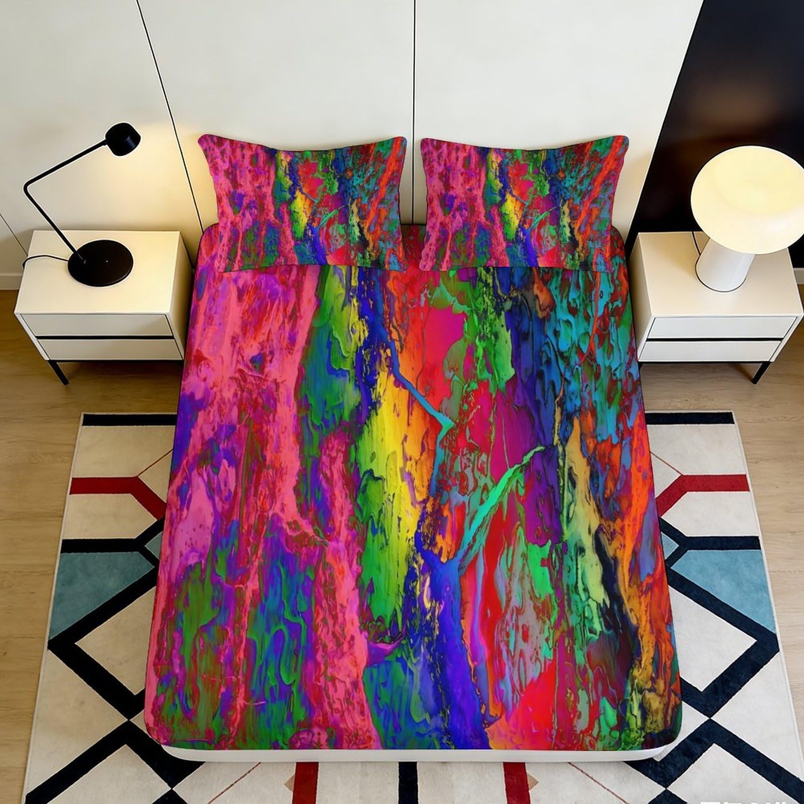 3D Printed Colorful Abstract Art Fitted Sheet Microfiber Soft Vibrant Rainbow Splash Mattress Cover Bedroom Decor 90x200x25cm