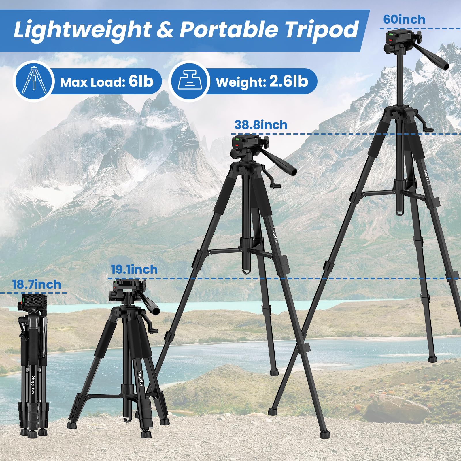 Sogries Treppiede – 60'' treppiede da viaggio professionale leggero in alluminio per fotocamera/DSLR/cellulare/videocamera/binocolo/microscopio