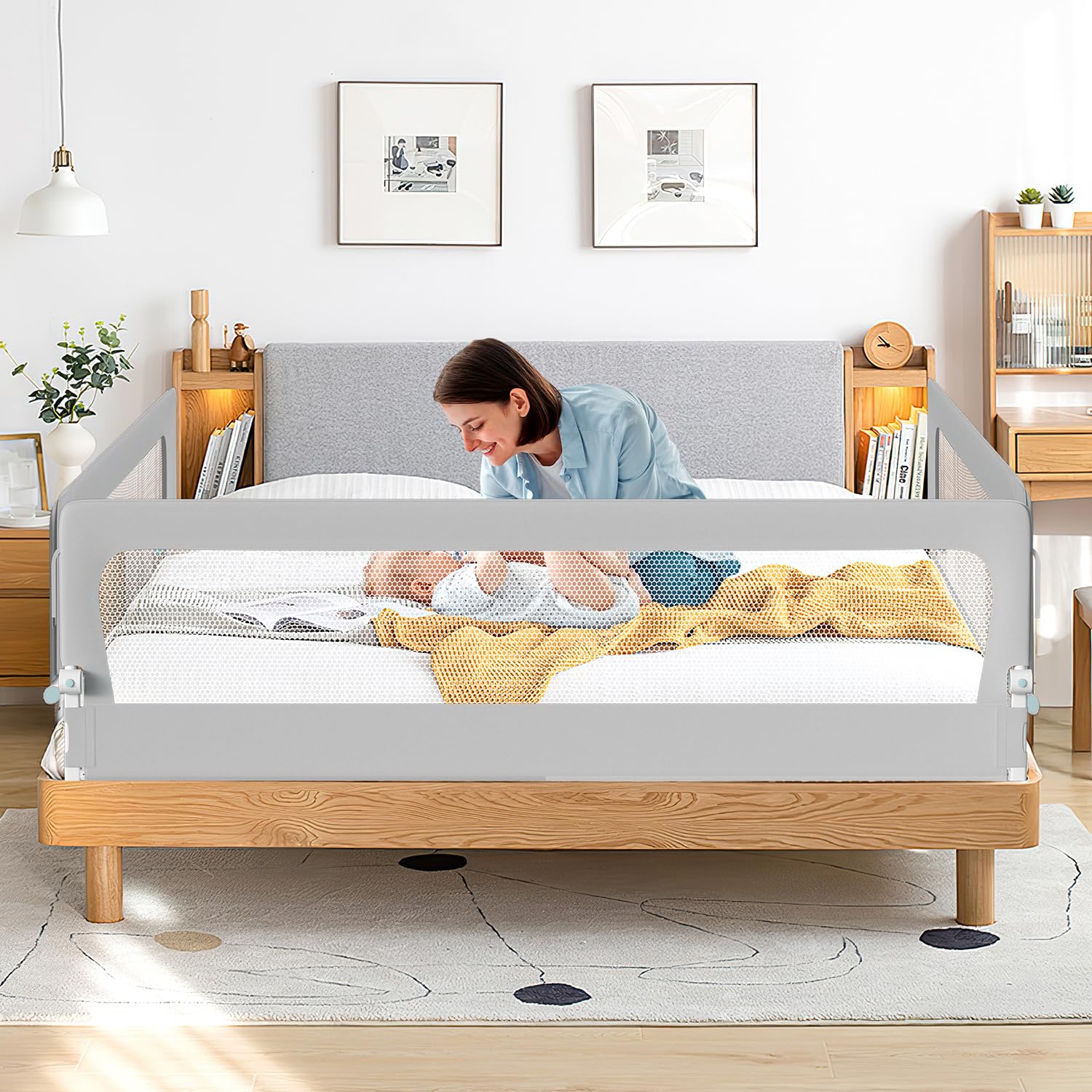 Rausfallschutz Bett, Rausfallschutz Boxspringbett, Bettgitter höhenverstellbar 72-86 cm, zusammenklappbar um 180 Grad (Grau, 200cm,1Seite)