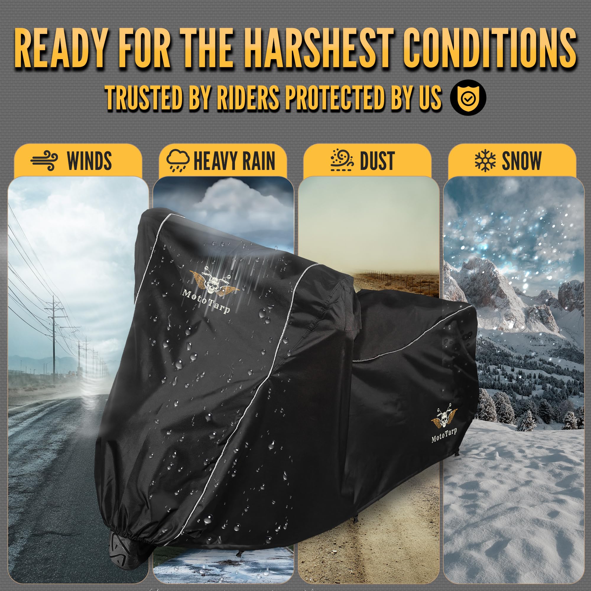 MotoTarp 600D Heavy Duty Motorcycle Cover 100% Waterproof; License Plate Window, Exhaust Heat Guard, Night Reflectors, Wheel Lock Slots (Black, Large 86X37X43)