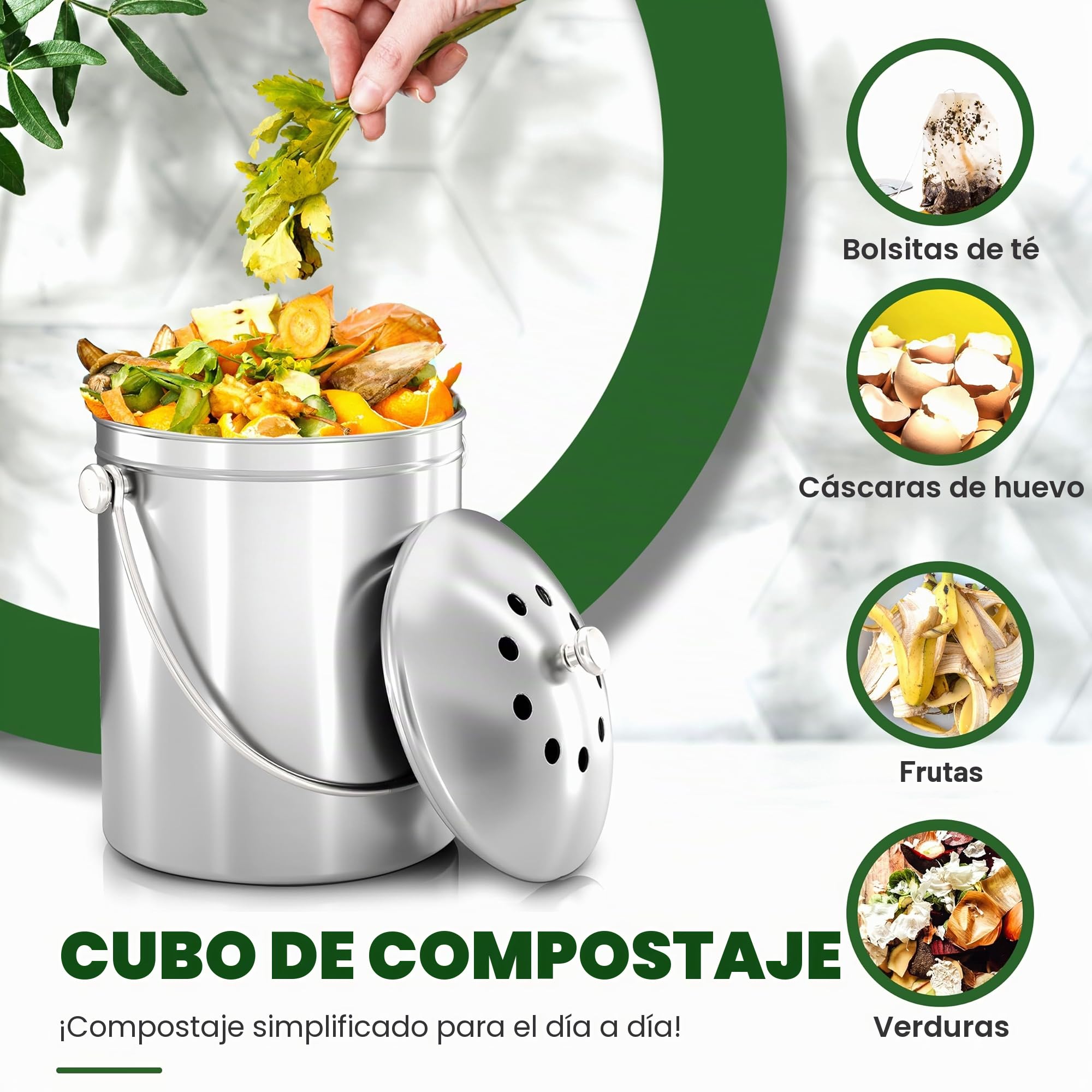 Acero Inoxidable Recipiente de Compost para hogar, 1.3 galones(5L) - por Utopia Kitchen