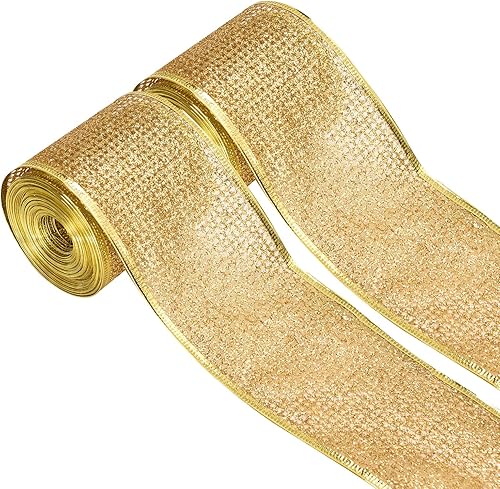 Cinta metálica de Navidad con purpurina para envolver regalos, corona de árbol de Navidad, manualidades, malla dorada con borde con alambre,