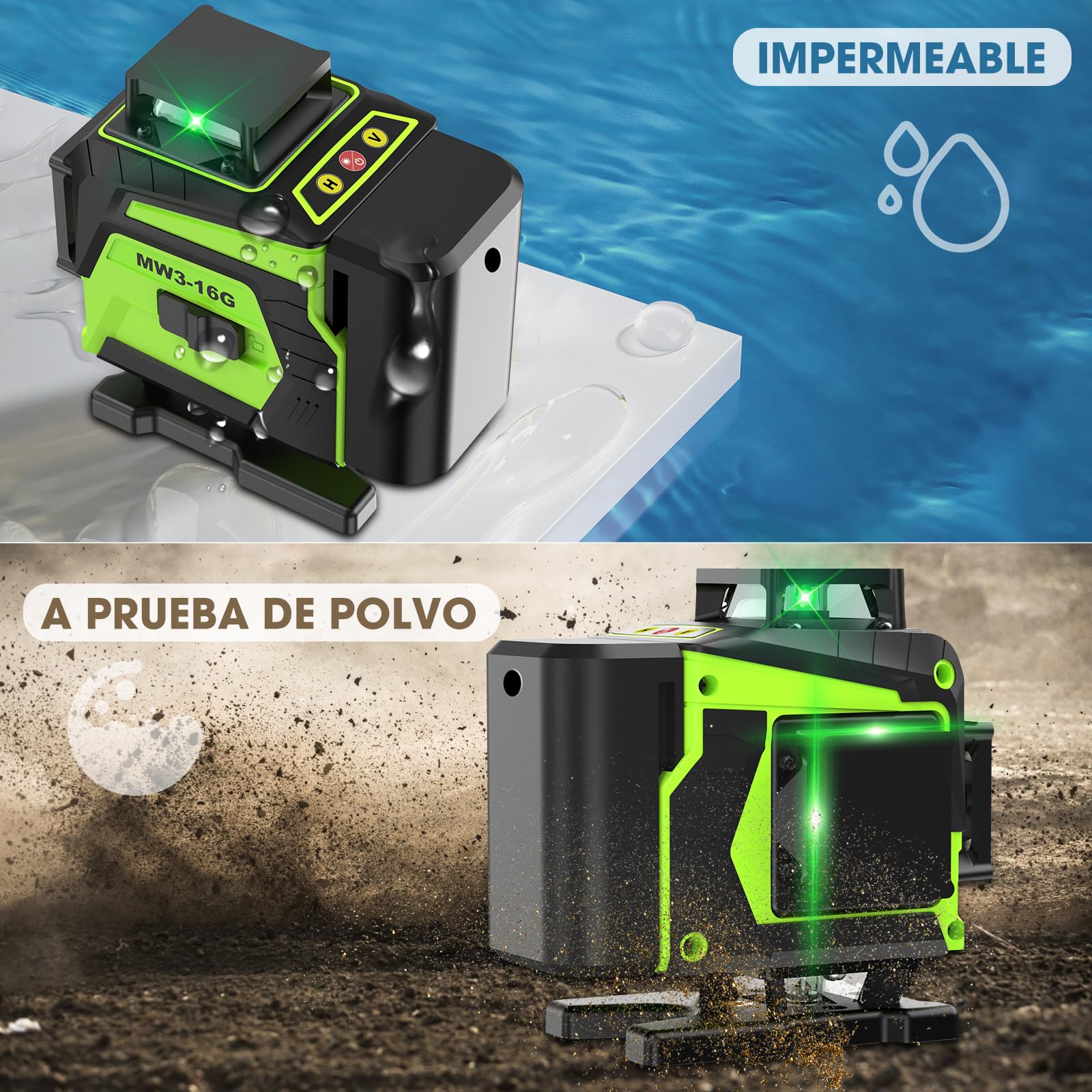 Nivel Laser Autonivelante 360 Grados con Trípode, Nivel Láser Verde 16 Líneas, 2 x 360 Horizontal y 2 x 360 Verticales, 2 x Batería, Montaje en Pared, Control Remoto, Base Magnética, Soporte Giratorio