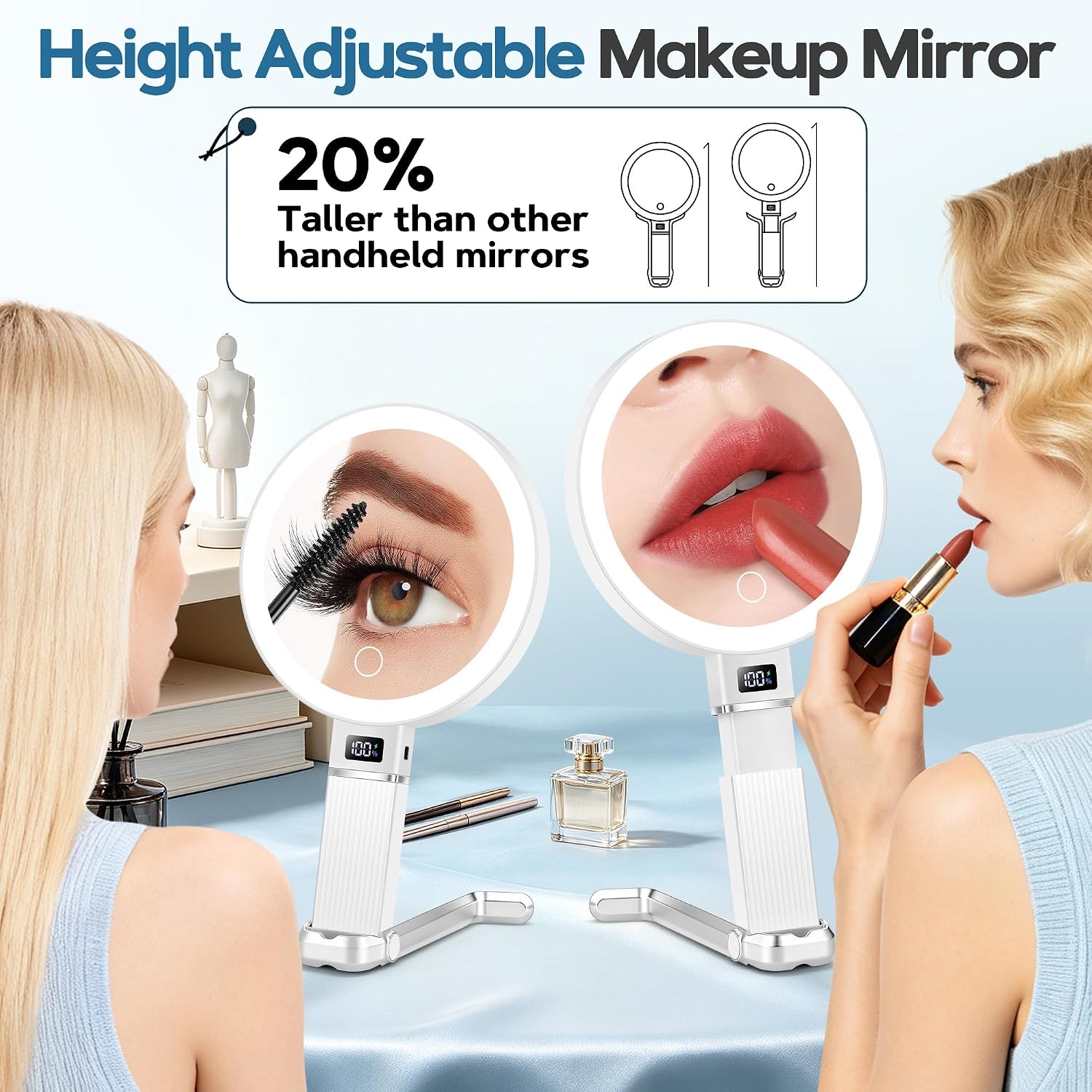 30X Travel Magnifying Mirror with Light, Height Adjustable Vanity Mirror with Phone Holder Stand, Portable Compact Handheld Makeup Mirror with Smart Display for Travel, Daily Makeup Use, White