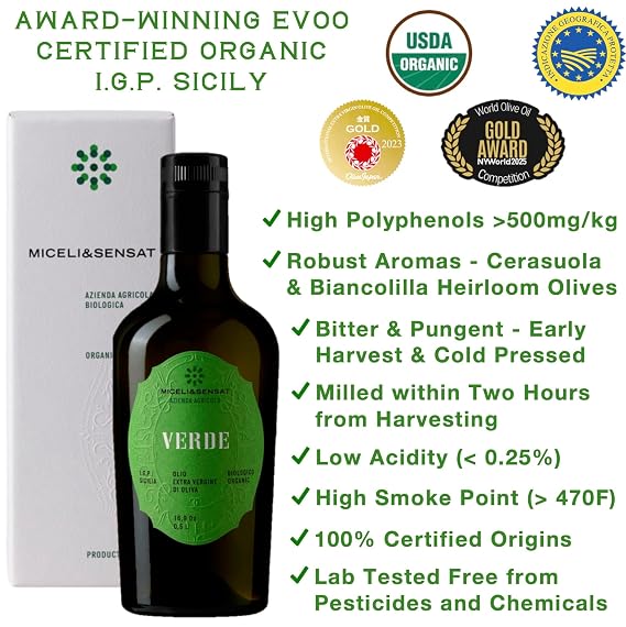 Green Robust Organic 500+ mg/kg Polyphenols Rich Italian Extra Virgin Olive Oil from Italy, 2026 Gold Award, High Antioxidants Peppery Finish, Sicily Certified Origins, Cold Pressed - 16.9 fl oz