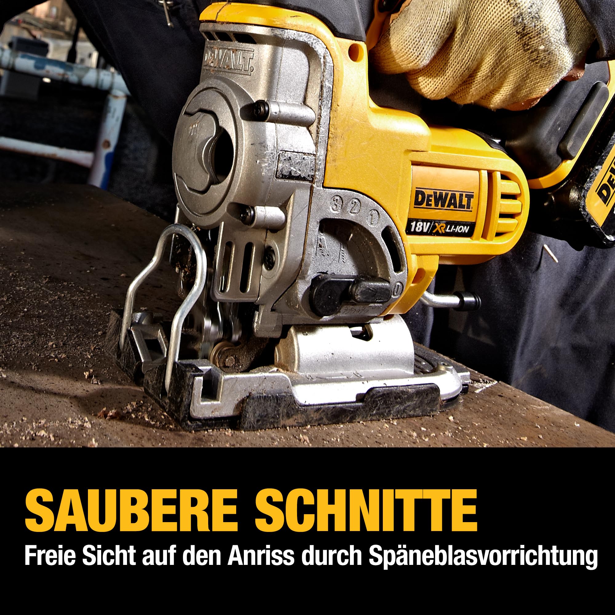 Dewalt 18 Volt Akku-Stichsäge DCS331N (vibrationsarmer Hochleistungsmotor, elektronische Hubzahlregulierung, Hublänge: 26 mm, beidseitige Neigungseinstellung: 45°, Lieferung ohne Akku und Ladegrät)