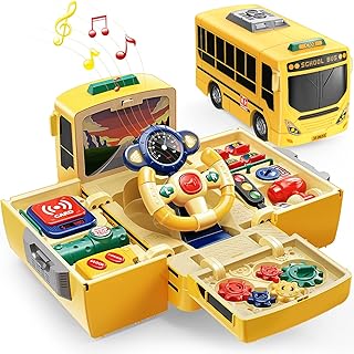 Geyiie School Bus Toys, Bus Toys with Sounds and Lights, Push Pull Toy Transforming Cars, Steering Wheel Driving Toys for Preschool Pretend Play Car Toys Party Gifts for Toddler Boys Girls 3-5