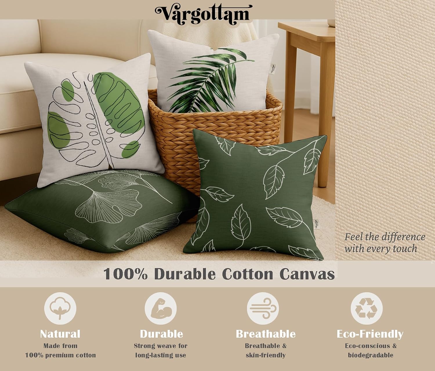 Set of 4 16x16 Cotton Cushion Covers - Decorative Reversible Pillow Covers with Concealed Zipper - Filler Not Included - Leaves Print, Green