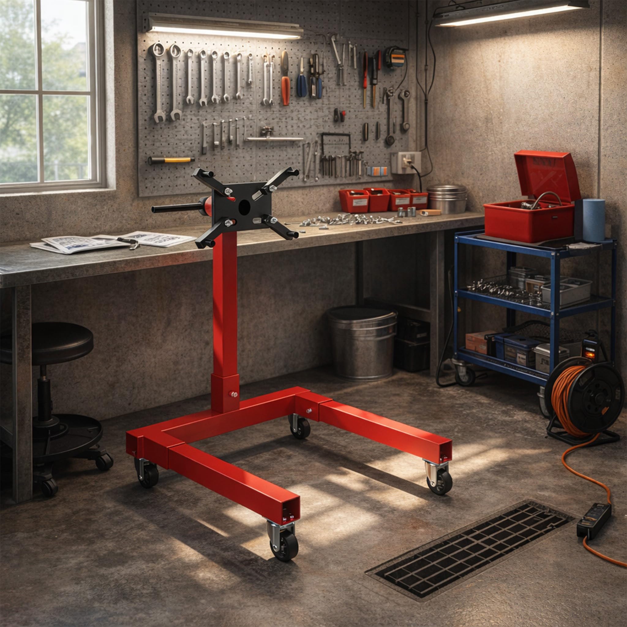 UISEBRT Soporte de motor para coche de hasta 570 kg, elevador de motor con cabeza giratoria de 360 ° y 4 brazos ajustables, soporte de motor de acero, soporte para engranajes con 4 ruedas y mango