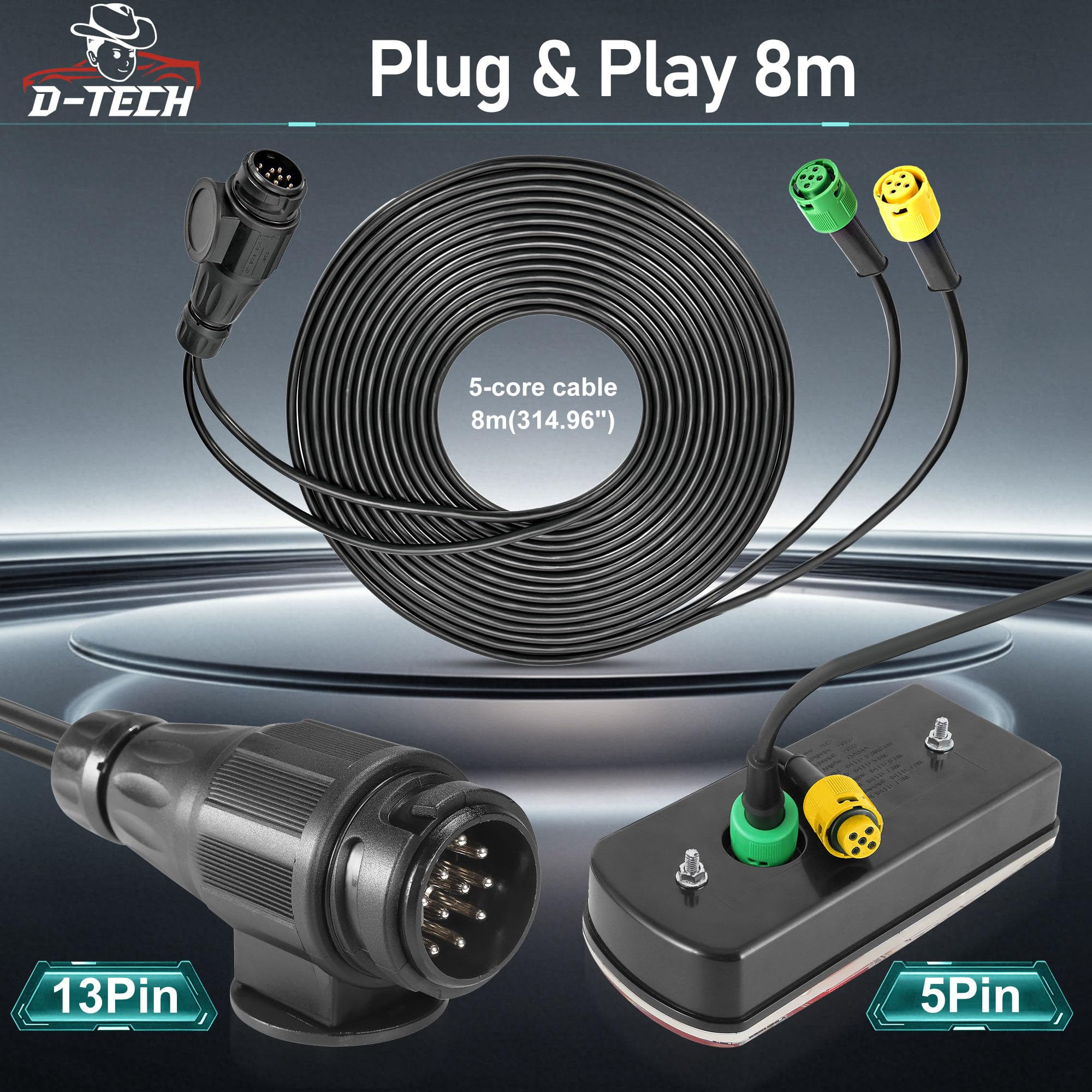 D-TECH Pilotos Focos Traseros Remolque LED IP65 ECE Homologados 12V/24V Plug & Play 8 m Kit Luces Traseras LED Remolque 13 Pines para Grandes Remolque Agrícola Caravana Camión y Portabicicletas