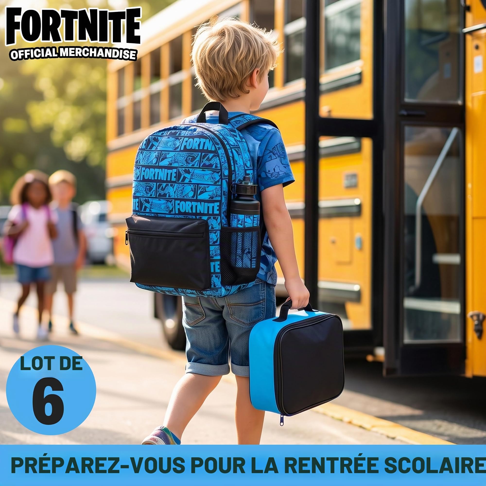 Get Trend Fortnite Sac a Dos Enfant Garcon Set, 6 Pièces avec Grande Sac à Dos 46cm, Sac Isotherme Repas, sans BPA Gourde Sport, Trousse Scolaire et Porte Clés, Cadeau Enfant