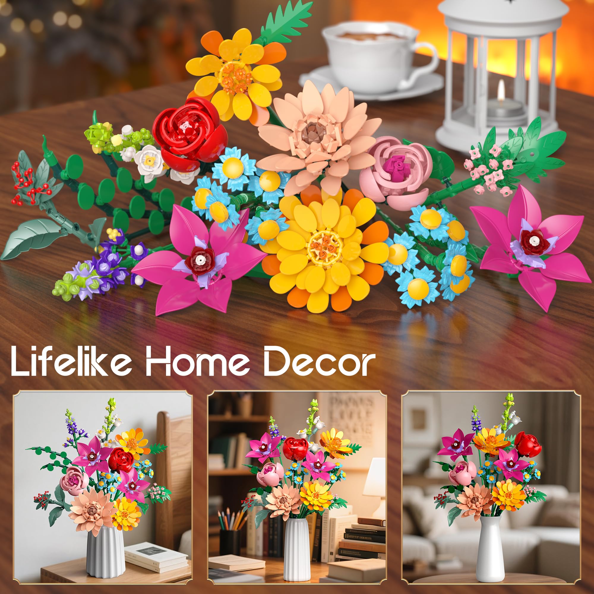 Kit de Construcción Ramo de 13 Flores Artificiales, 887 Pcs con Flowers Roses para Decoración Hogar y Oficina, Regalo Día de la Madre, San Valentín y Cumpleaños Niños 6+/Adultos