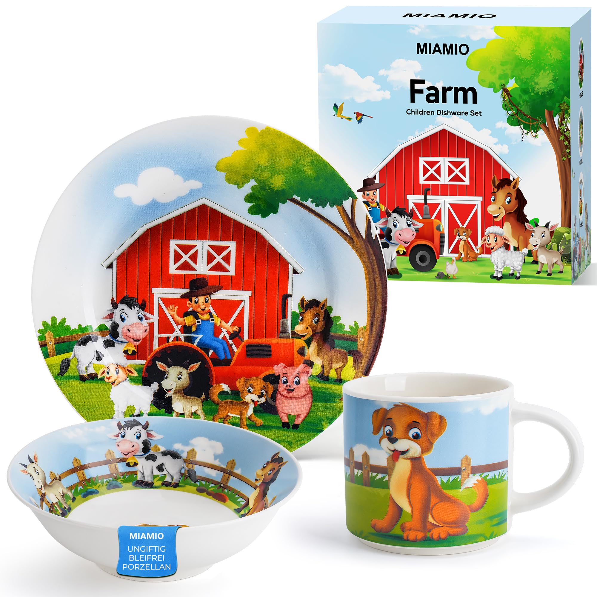 MIAMIO - 3er-Set Kindergeschirr/Porzellan Kinderbesteck, Kindergeschirr-Set aus Porzellan - Inklusive Teller, Schüssel und Tasse - Für Kinder und Kleinkinder (Bauernhof)