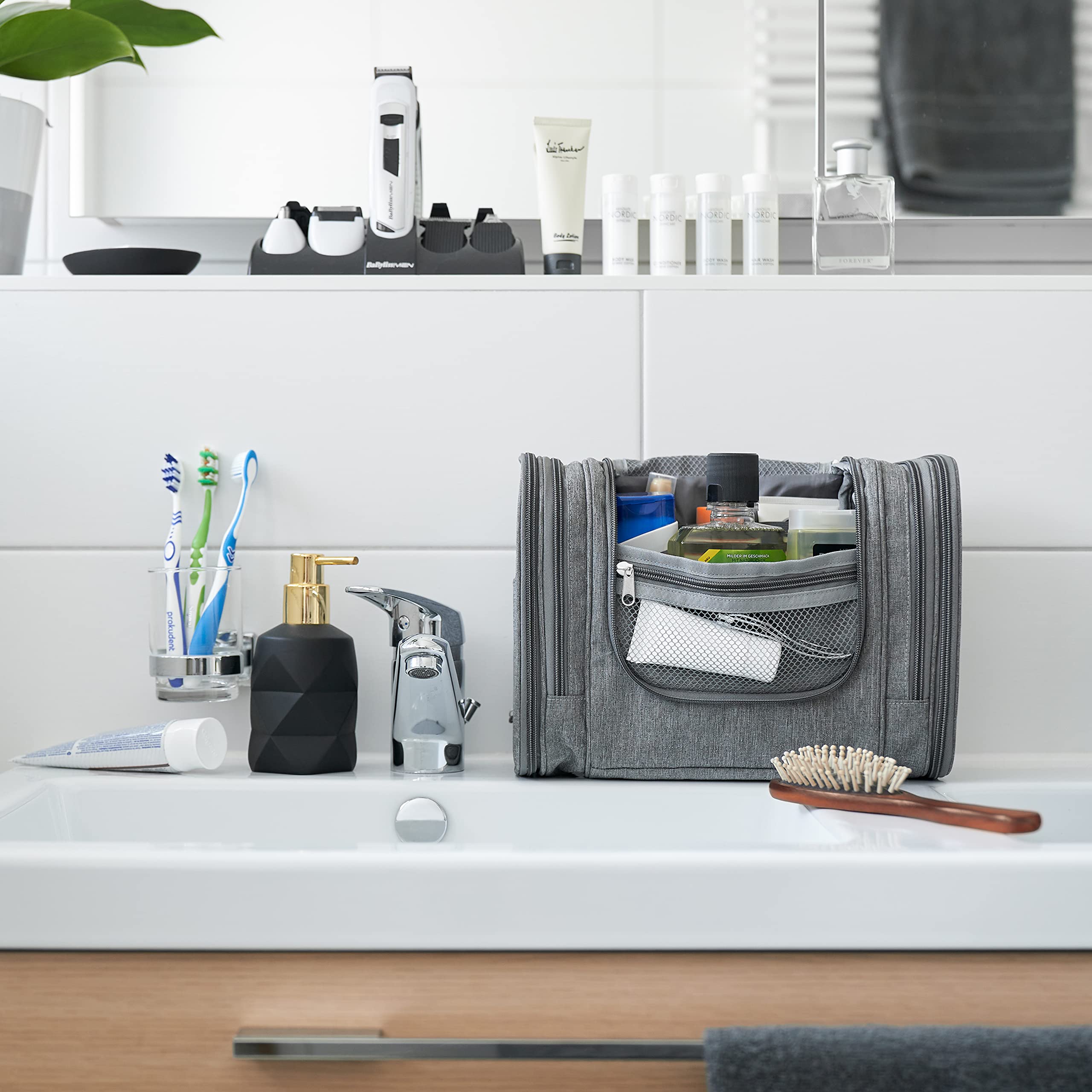 Obics Kulturbeutel Herren & Damen Gross grau 8L XL - Kulturtasche zum Aufhängen & mit Spiegel - Toiletten-Tasche mit Henkel hängend - Kosmetik-Beutel groß - Waschtasche 10 Fächer für Camping Reisen