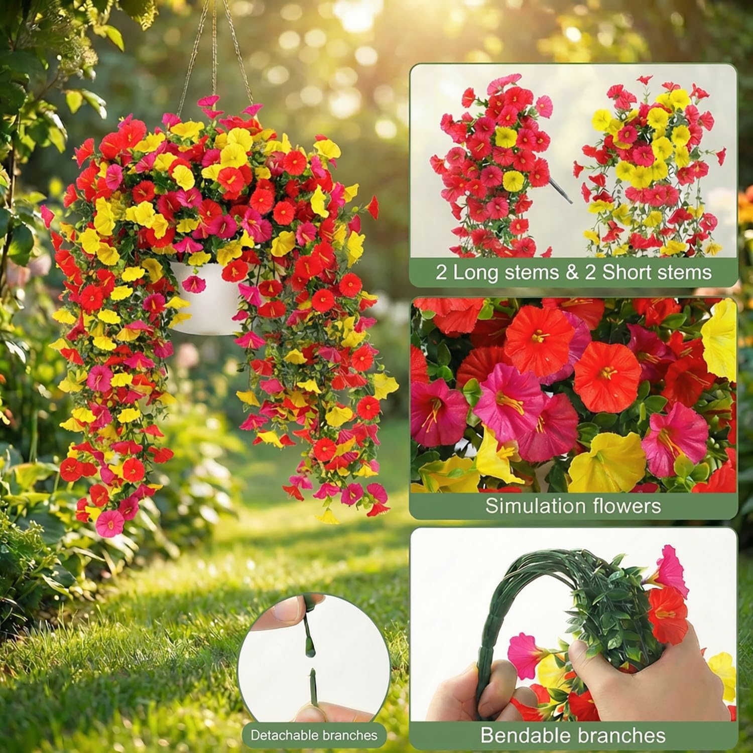 4 Bundles Artificial Silk Flowers for Outdoor Garden Decor, UV Resistant Realistic Faux Silk Petunias Flowers for Hanging Planter,Garden, Front Porch, Patio, Yard Decor(Pink Yellow Red)