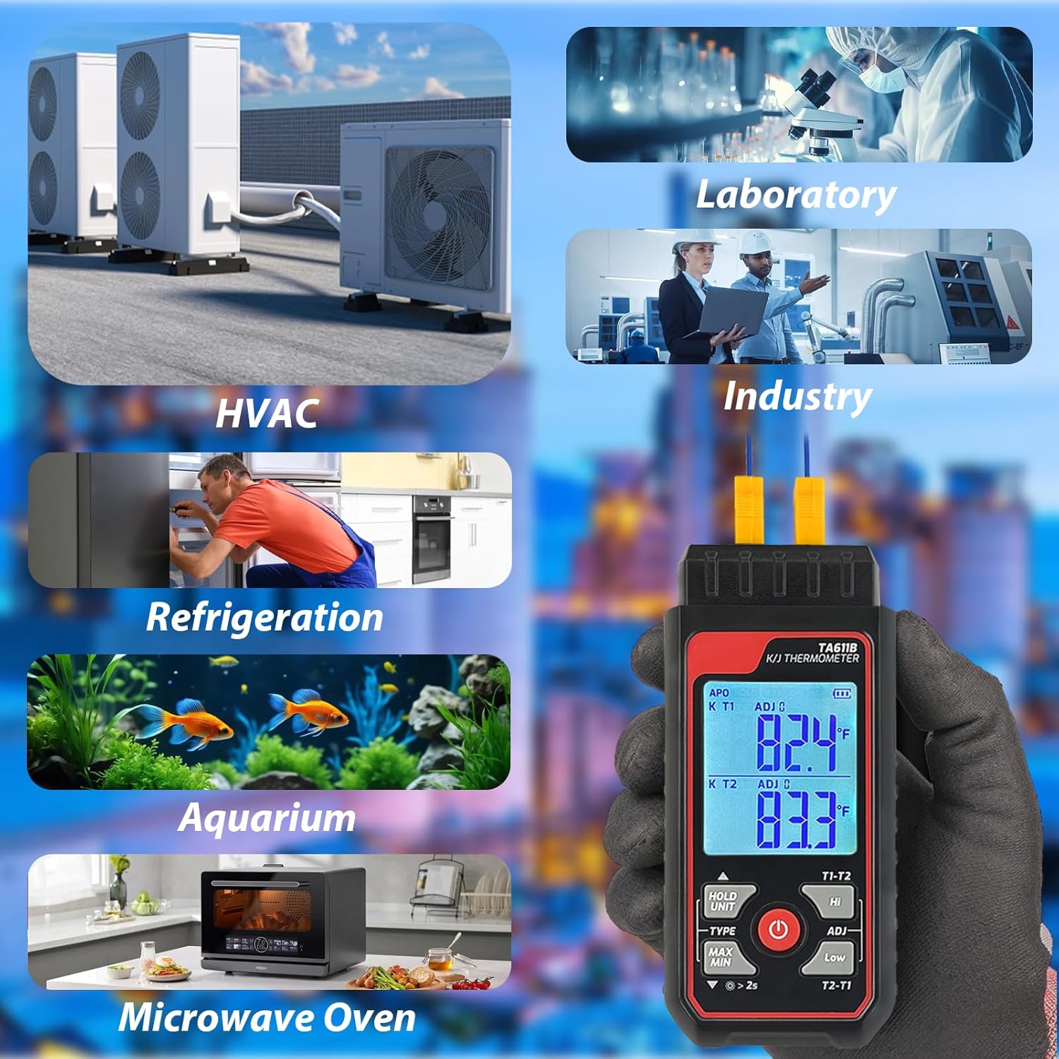 Digital K Type Thermocouple Thermometer (-328~2500℉), Dual Channels Thermometer with 2 HVAC Temperature Clamps & 2 Wired Thermocouple Probes, LED Backlight & ADJ Compensation Temperature Meter Tester