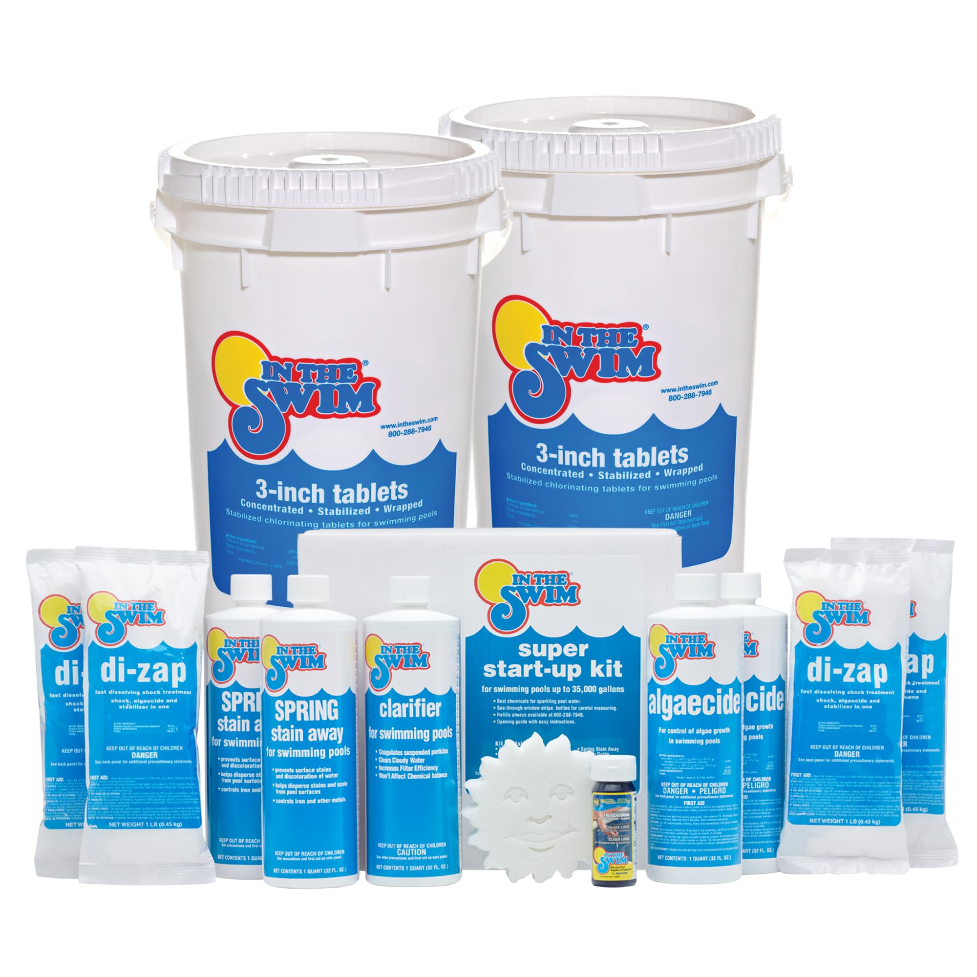 In The Swim Opening Kit and Chlorine Bundle - Pre-Measured Opening Kit for Easy Use - (2) 50 Pound Bucket of 3-Inch Stabilized Chlorine Tablets - for Inground and Above Ground Pools Up to 35,000