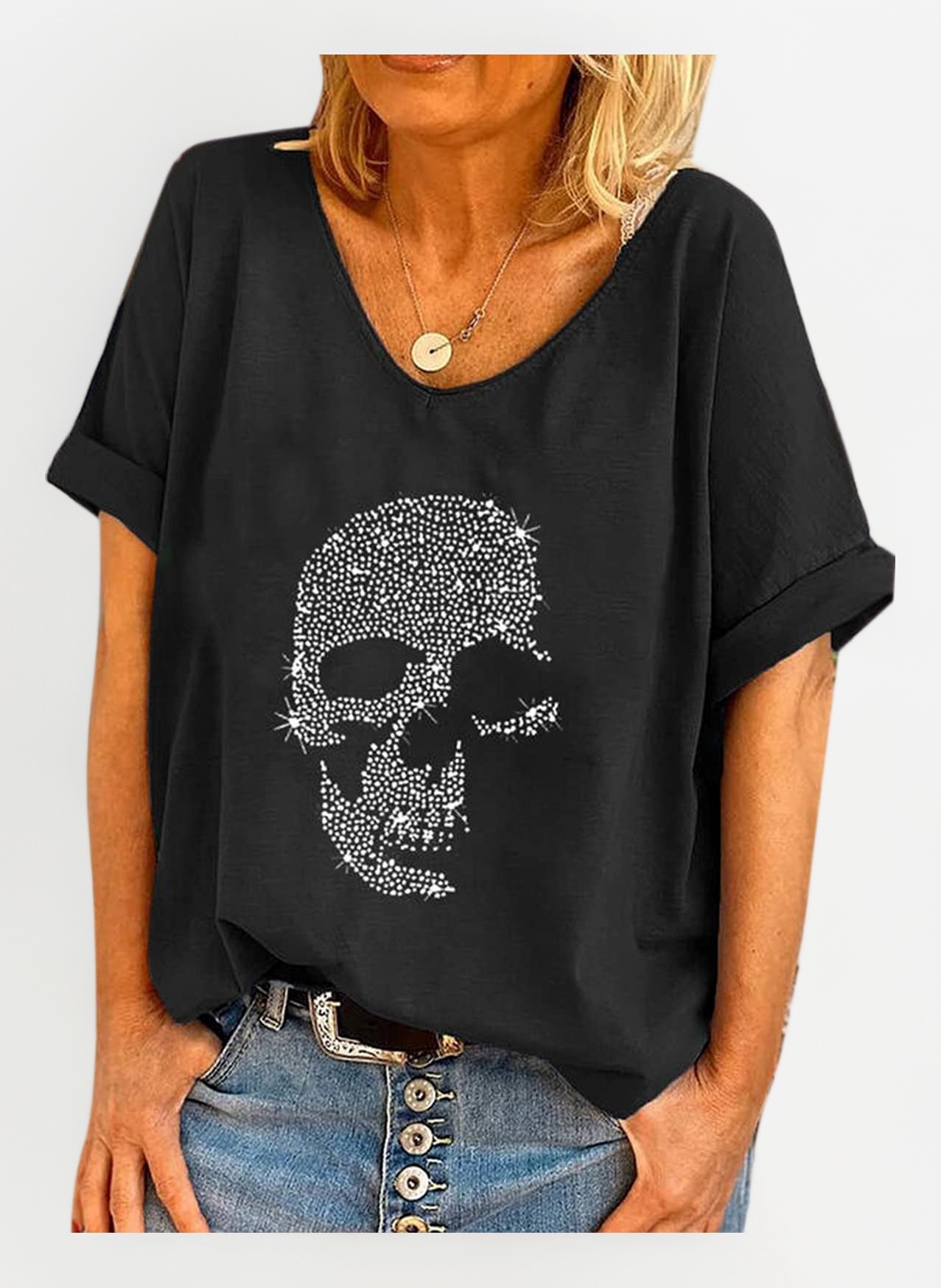Women's Skull Diamante Rhinestones Design Baggy T Shirt Tops Punk