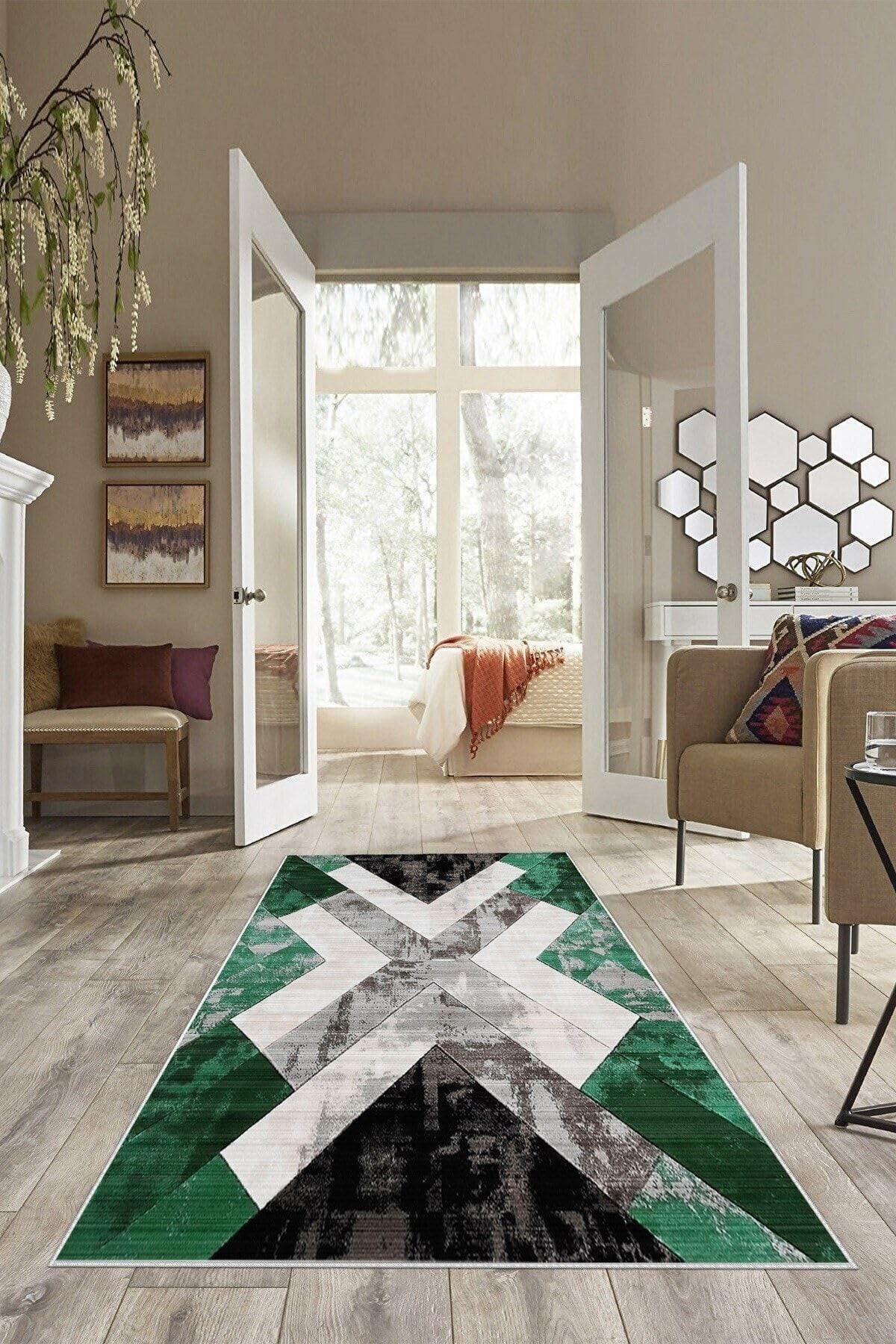 Pelangi Yeşil Geometrik Desen Renk Geçili Yıkanabilir Kaymaz Taban Leke Tutmaz Modern Salon Halı Ve Yolluk, Yeşil 80 x 400