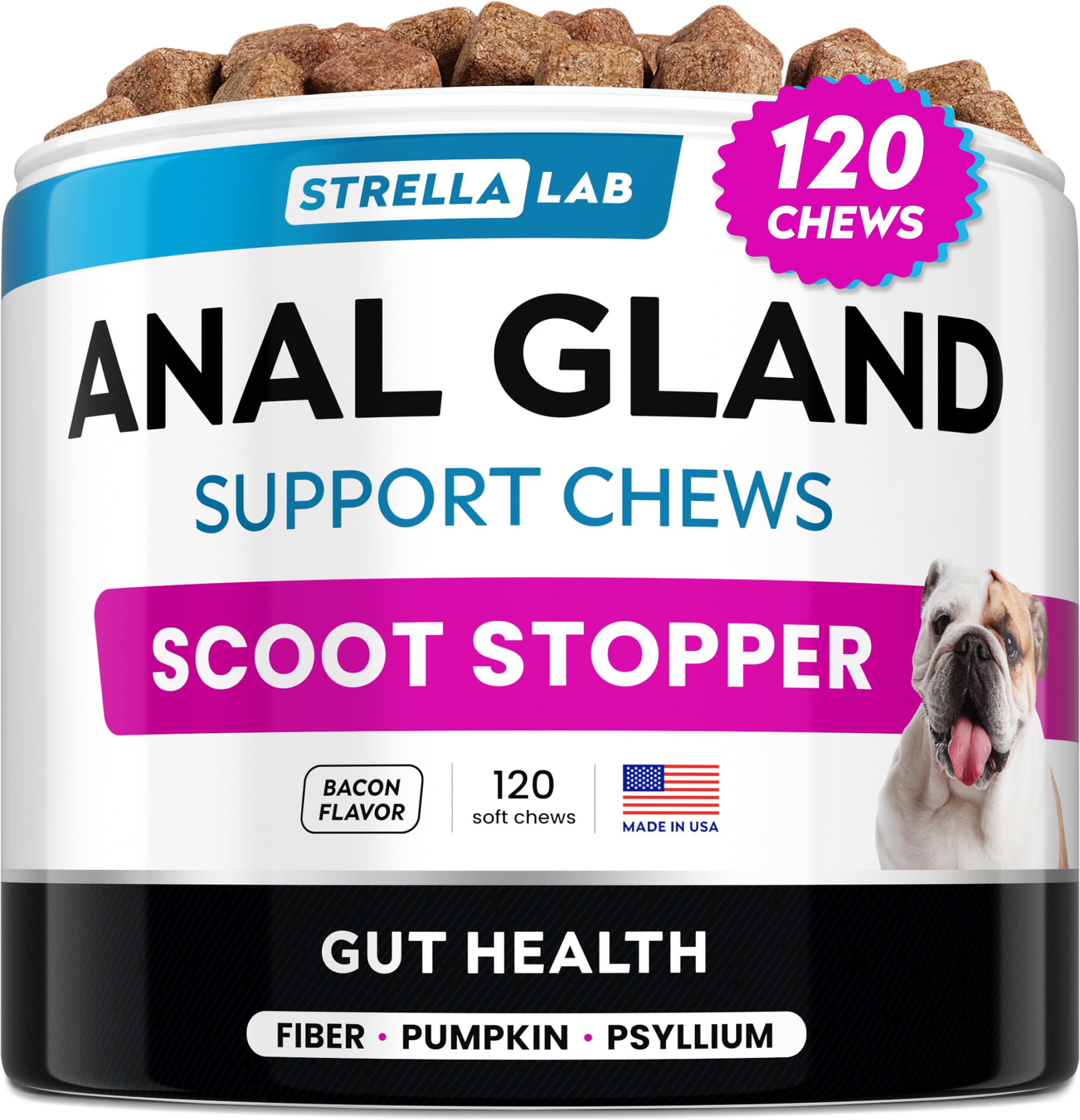 STRELLALAB Gland Support Chews - Scoot Treatment - Digestive Enzymes, Prebiotics & Fiber Supplement for Dogs Digestion & Gut Health. Proprietary Blend of Beet, Psyllium, Dandelion & Pumpkin 120Ct