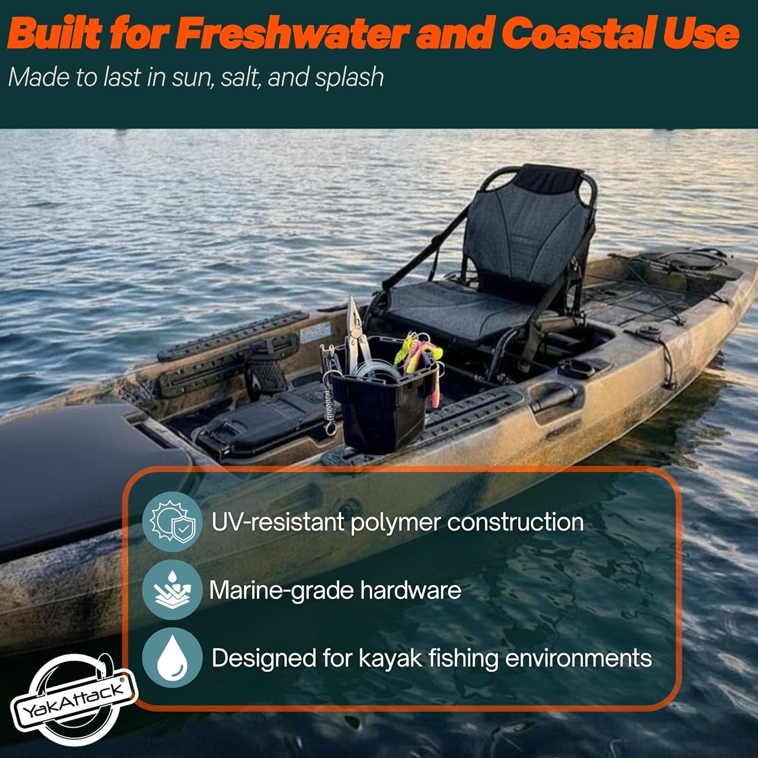 YakAttack Cup Holder Pro | Riggable Kayak Fishing Beverage Caddy | Compatible with GearTrac, MightyMount, & GridLoc | Universal Track Rail Mount | Marine-Grade Drink Holder & Gear Base