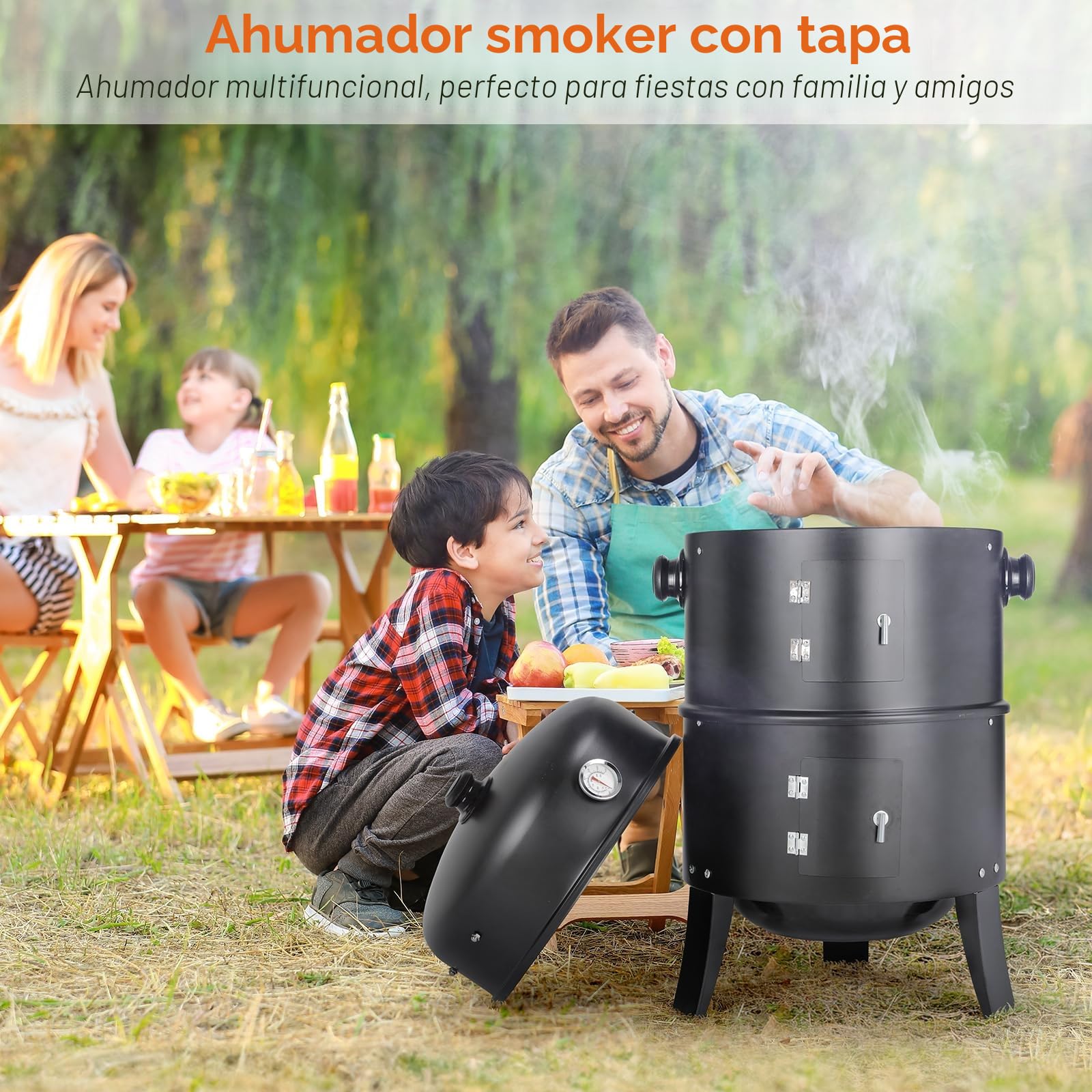 TLGREEN Ahumador 3 en 1, Smoker Barbacoa, Barril de Ahumado, Ø44,5 x 80 cm, Incluye Salida de Aire Regulable y Termómetro, Cuenco de Agua, 2 Rejillas de Barbacoa, para Ahumar, Asar y Cocinar