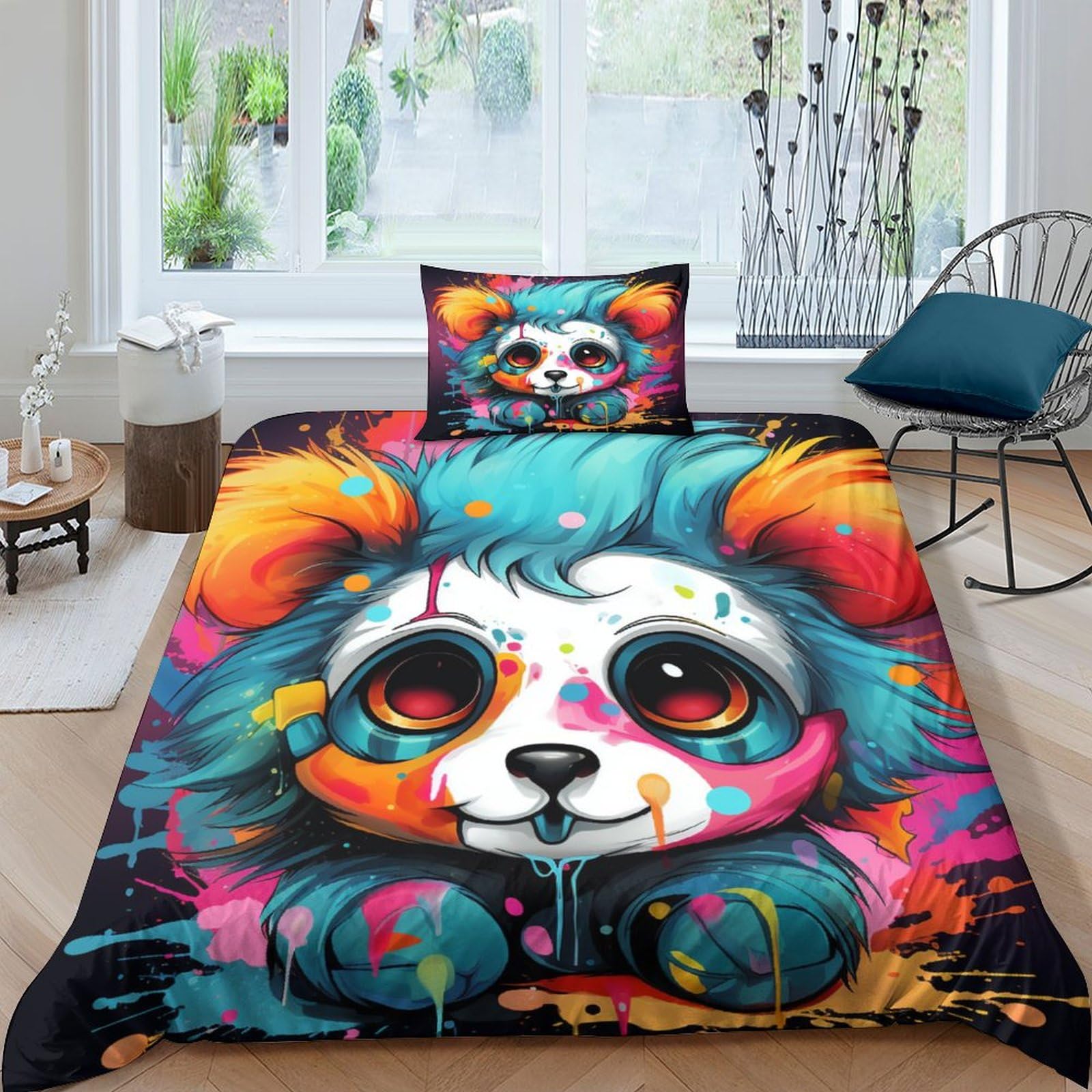 Parure de lit panda super douce et respirante housse de couette 3 pièces 135x200