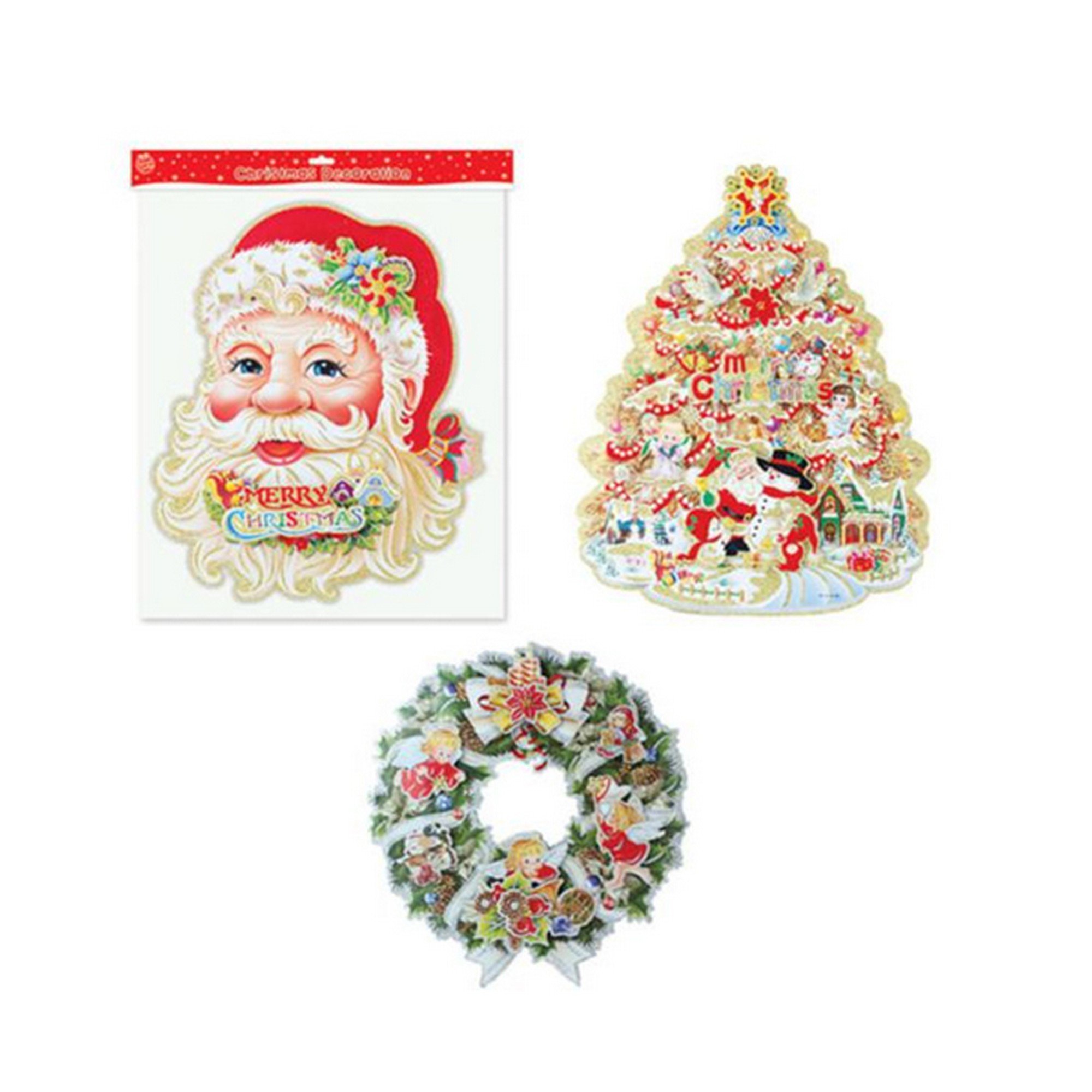 Tallon Red, Green, Gold Set Of 3 Christmas Wall Decorations Santa Reindeer Card Decorations With Glitter