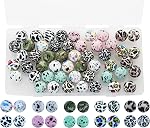 50 Pieces Silicone Beads, BetterJonny 10 Colors Loose Beads with Storage Box 15mm Cow Leopard Print Round Beads for Necklace Bracelet DIY Crafts