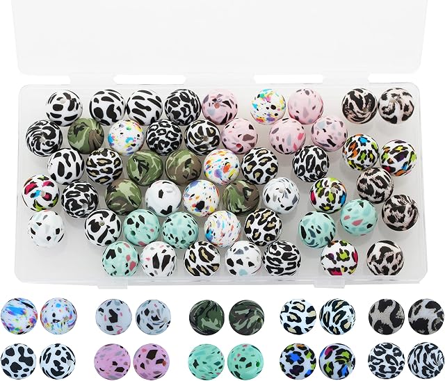 50 Pieces Silicone Beads, BetterJonny 10 Colors Loose Beads with Storage Box 15mm Cow Leopard Print Round Beads for Necklace Bracelet DIY Crafts