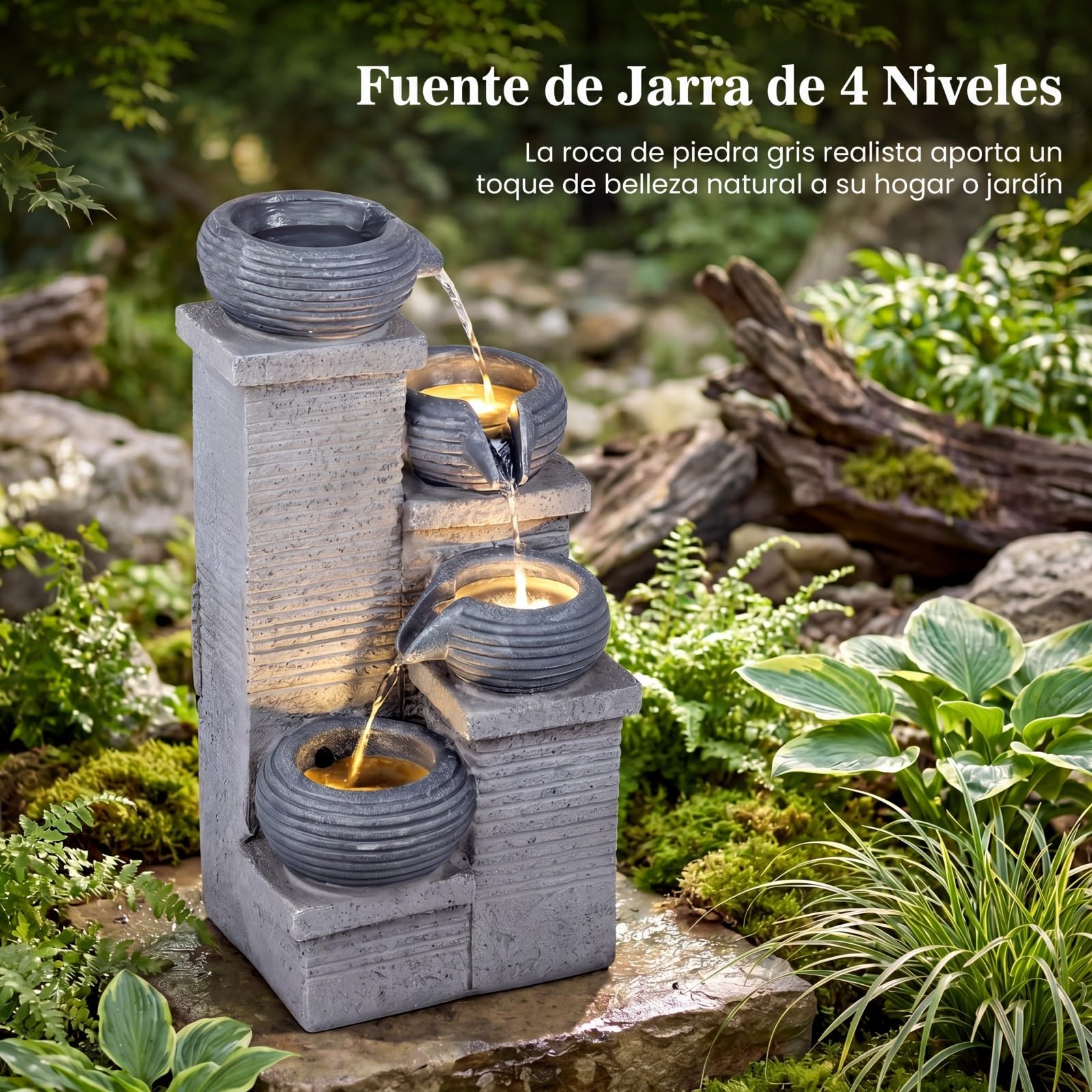 COSTWAY Fuente de Agua Decorativa con Luz LED, Fuente de Jardín Cascada de 4 Niveles con Cuencos, Flujo Ajustable y Bomba, Decoración Zen Interior Exterior para Patio Hogar Oficina, 28 x 22 x 58 cm