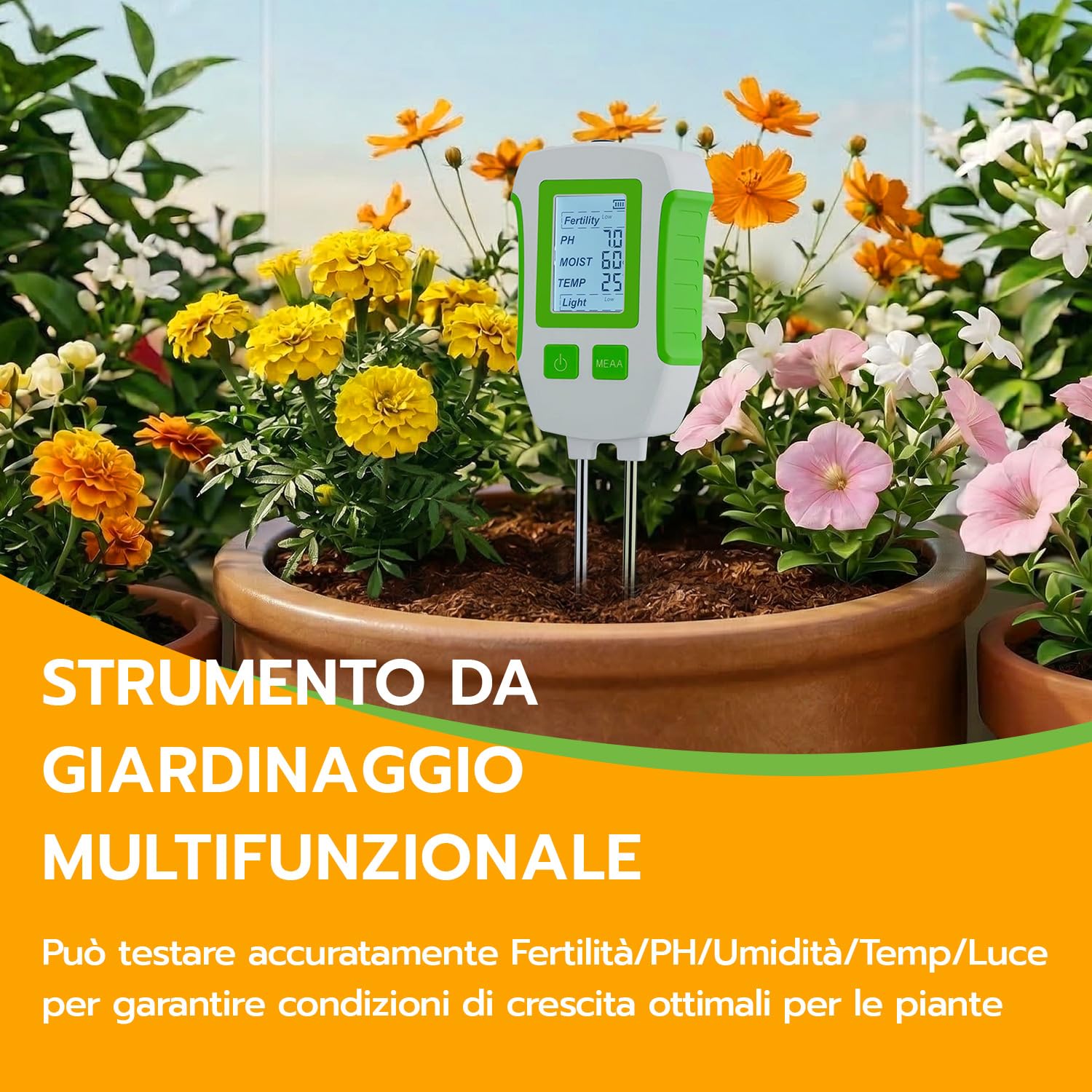 Misuratore di umidità del Terreno 5 in 1 - Tester Digitale per PH, Fertilità, Temperatura e Luce - Display LCD Retroilluminato per Piante, Giardino e Fattoria