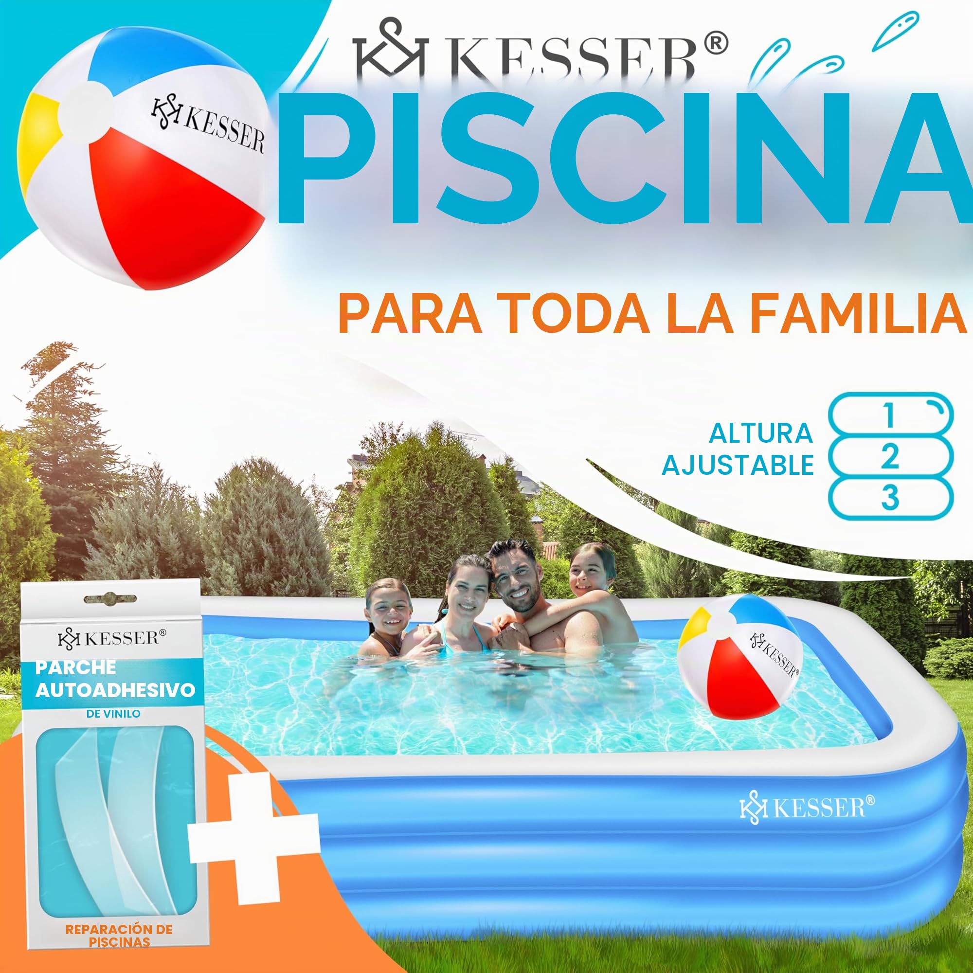 KESSER® Piscina Familiar Inflable para Niños y Adultos, de Jardín y Verano, 240 x 142 x 56 cm, 613 Litros, con Agujeros de Drenaje
