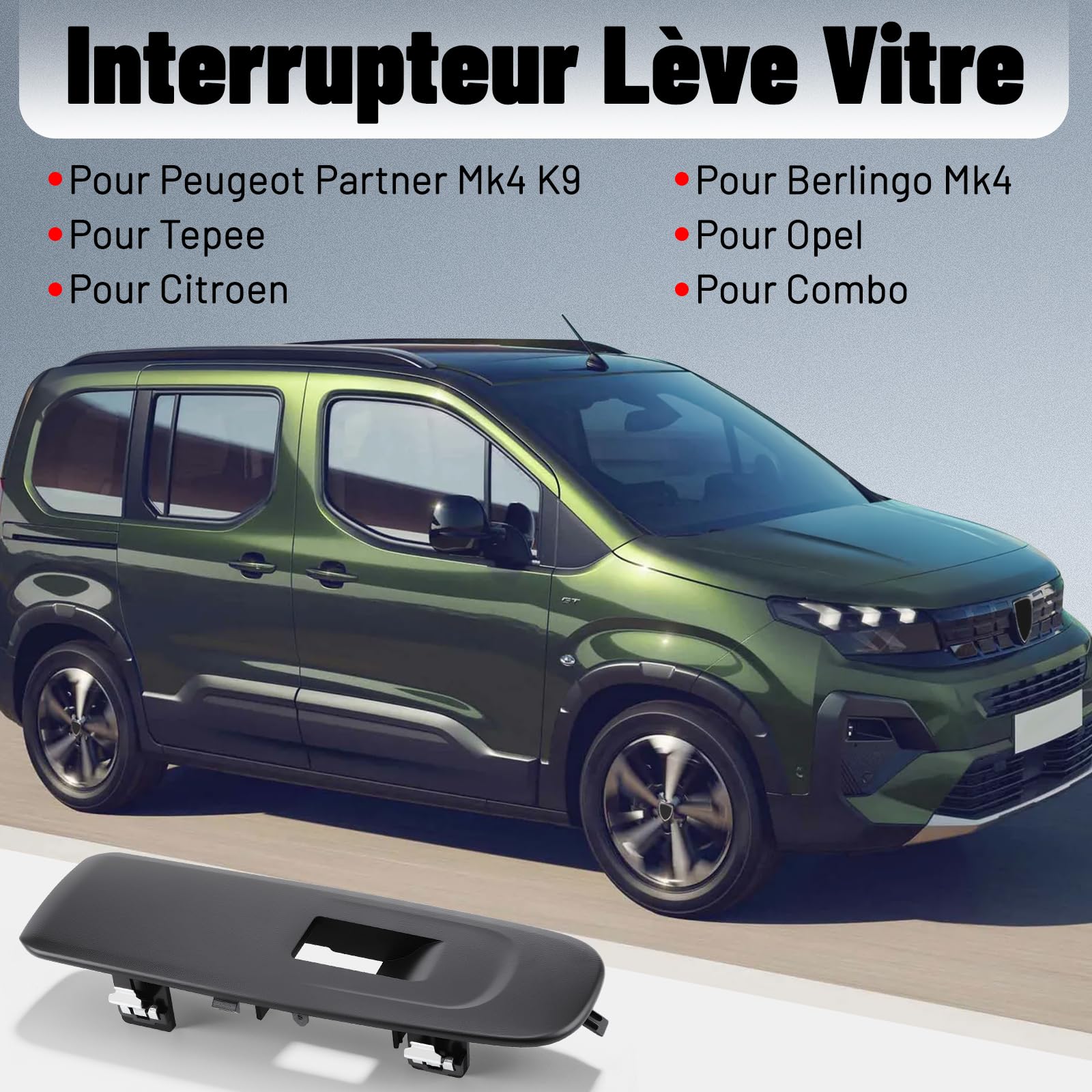 Interrupteur de Lève-Vitre pour Peugeot Partner Mk4 K9 pour Citroen Berlingo Mk4 Opel Combo E Commande de Vitre Électrique pour Tepee 2019 2020 en ABS Noir 98167918ZD