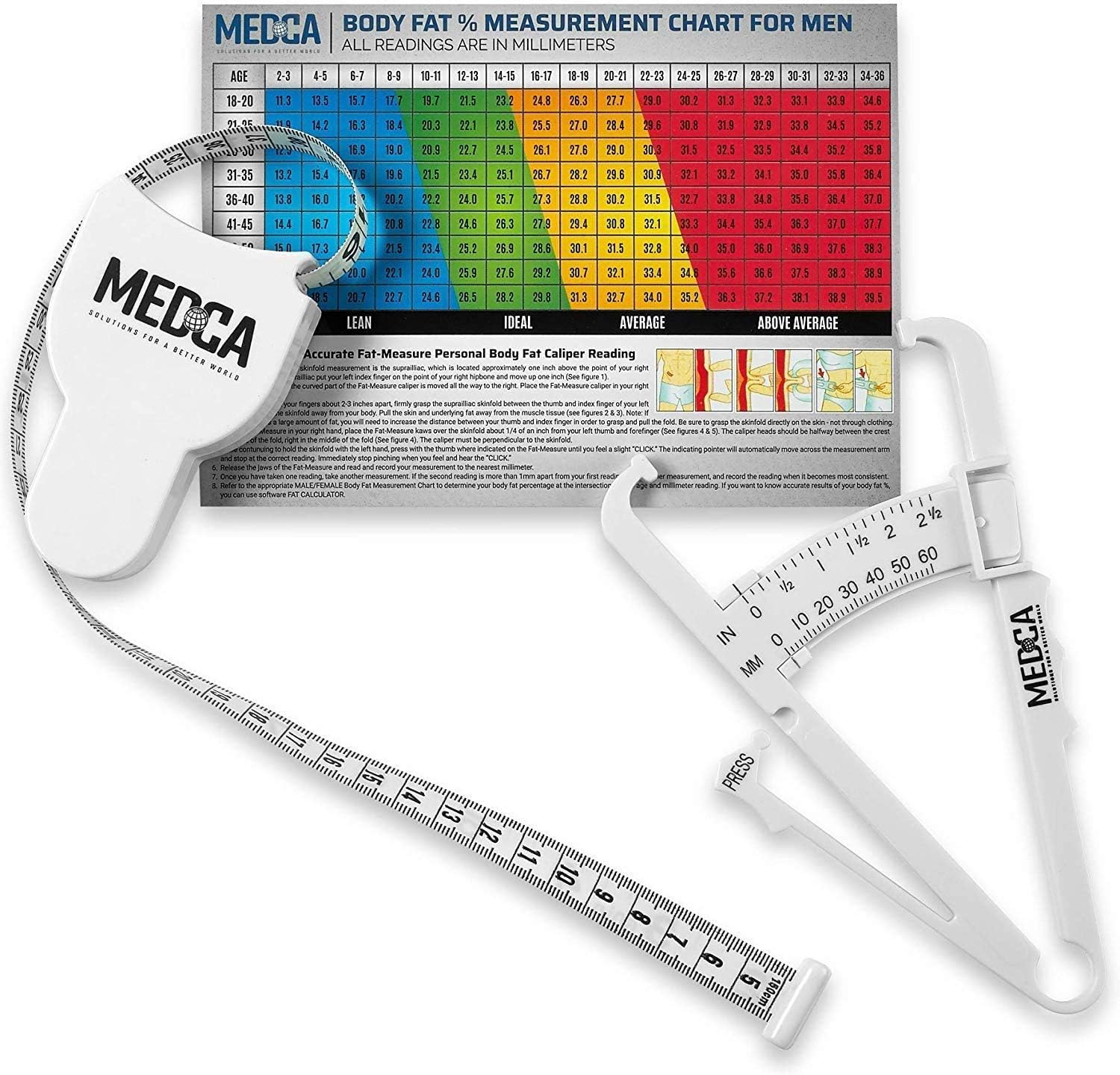Body Tape Measure and Skinfold Caliper Body Fat Monitor Set - (Pack of 2) - Double Sided Body Tape Measures (150 cm /60 inches) - Skin Fold Body Fat Analyzer and BMI Measurement Tool, White by MEDca : Health & Household