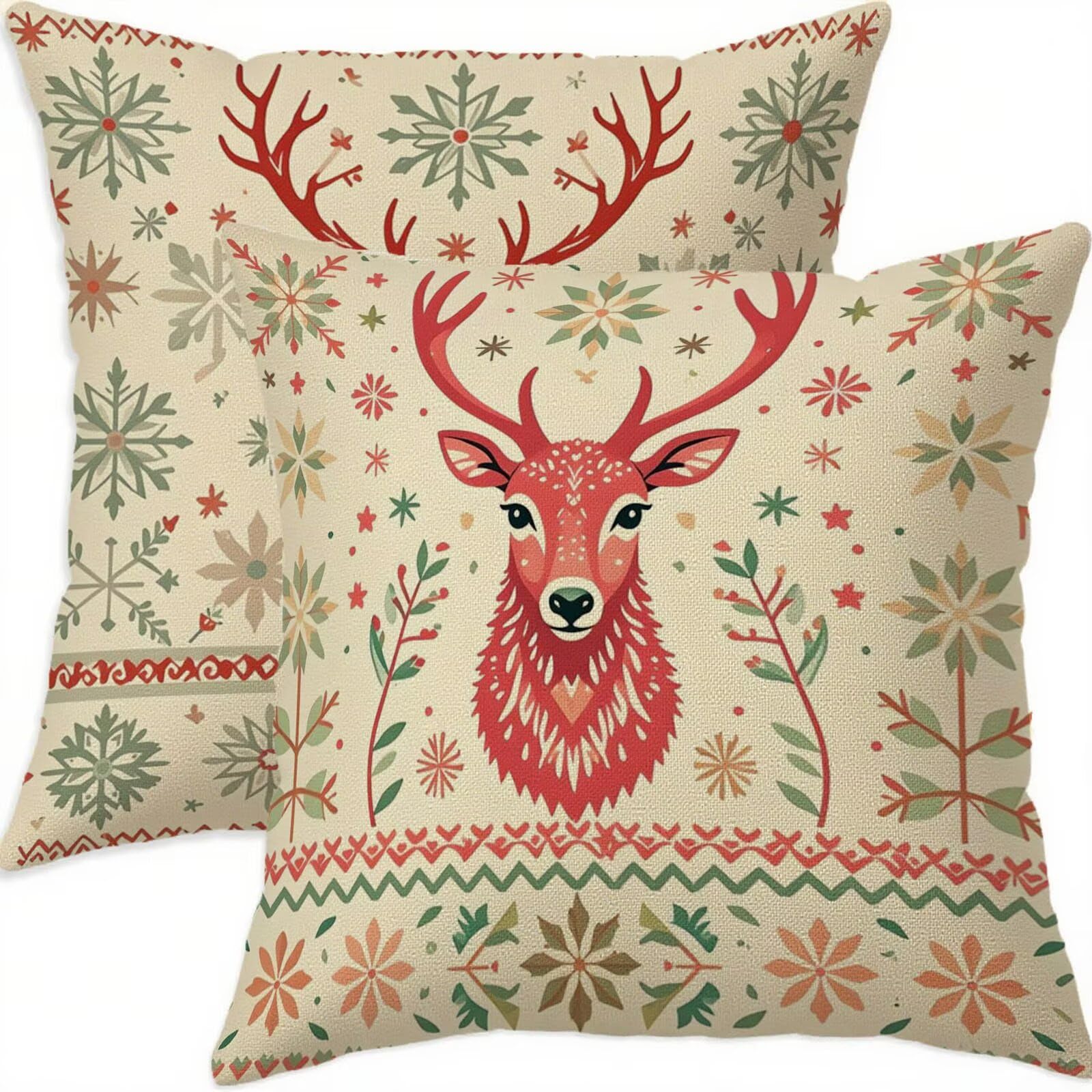 Housse coussin 65x65cm Noël lot de 2 taies rouges en lin, le cadeau idéal de fin d'année