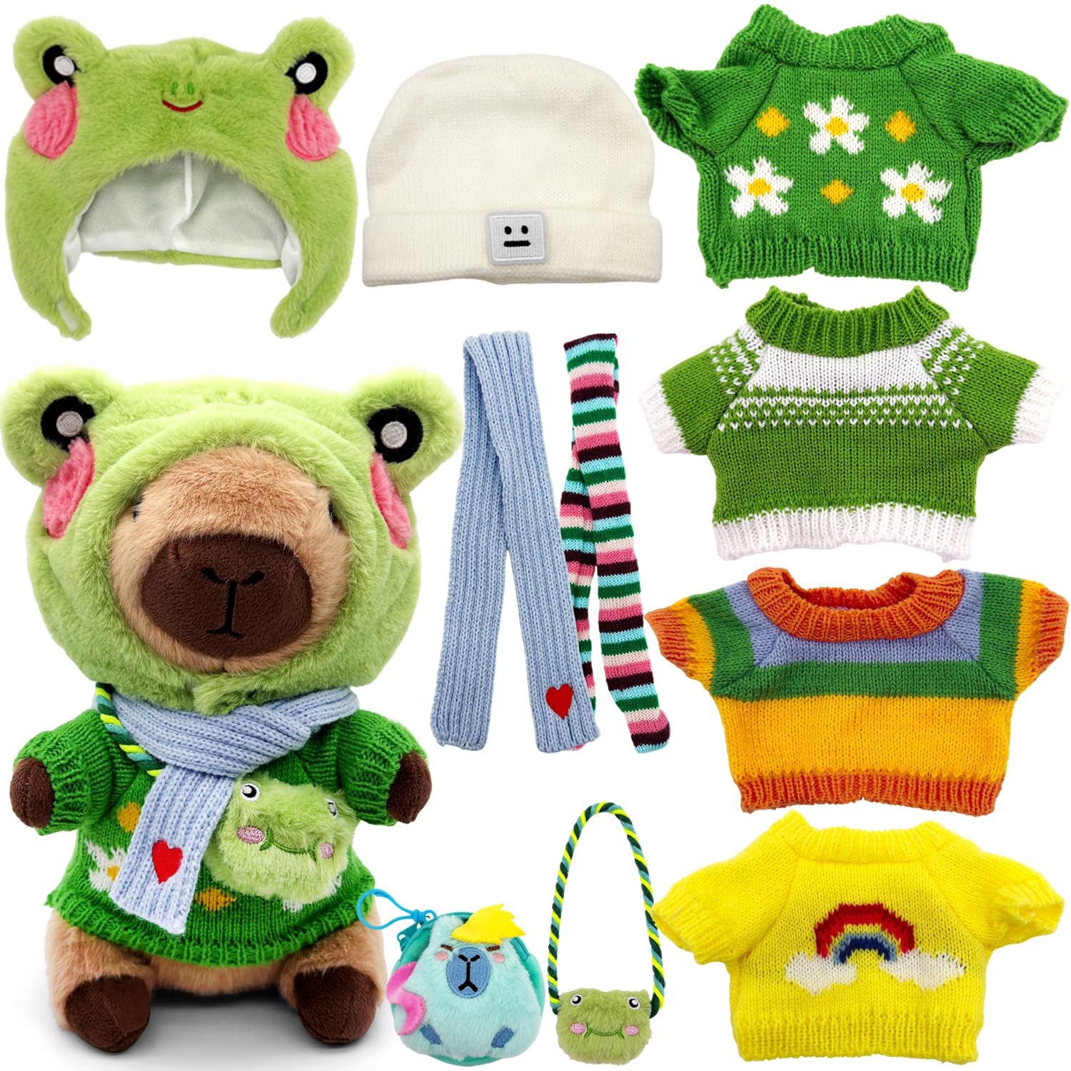 WESOPAN 11Pcs Capybara Plush Toy, Capibara Stuffed Animal with 10 Clothes and Accessories, 10 inch Super Soft Capybara Toys for Kids Girls Boys, Role Play Dress Up Gifts (11 PCS Green) — image 1