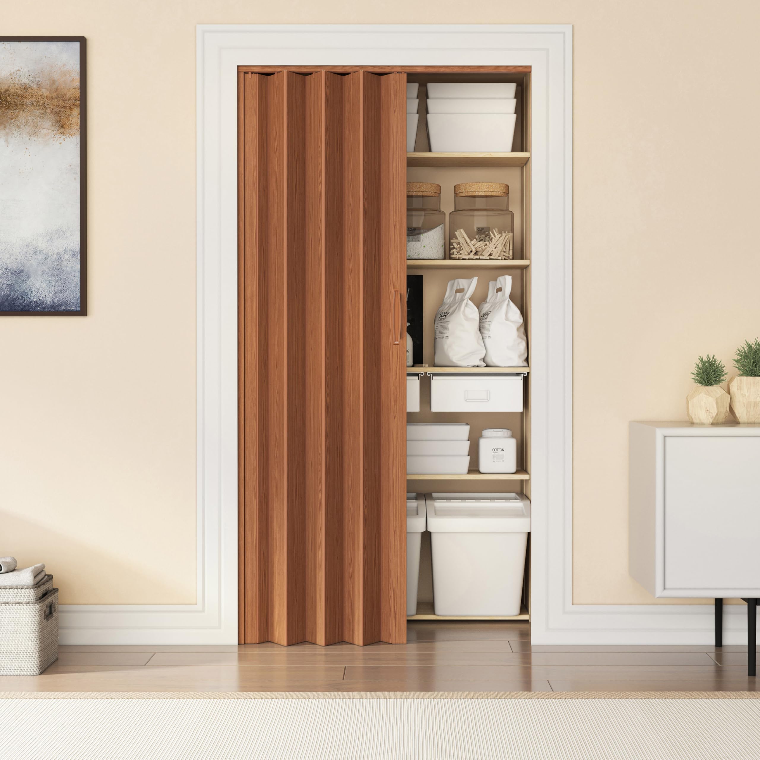 studio series 48" w x 80" h pvc foldable accordion door, trimmable, flexible single layer panels, walnut