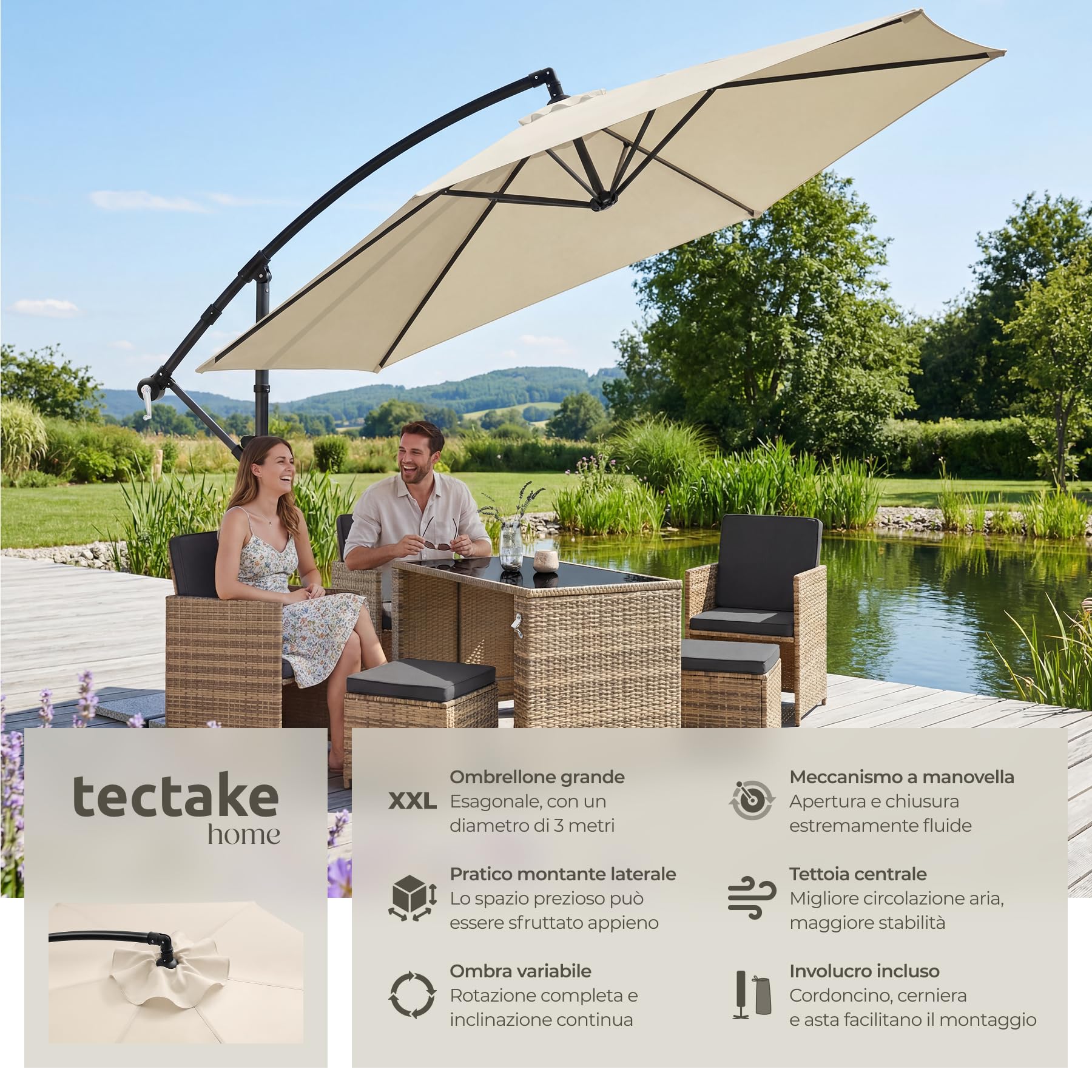 tectake® Ombrellone da Giardino 3x3 m, Ombrellone a Braccio Girevole 360°, Protezione UV 50+, Idrorepellente, Inclinabile, Base in Acciaio a Croce, Manovella, Arredamento Giardino