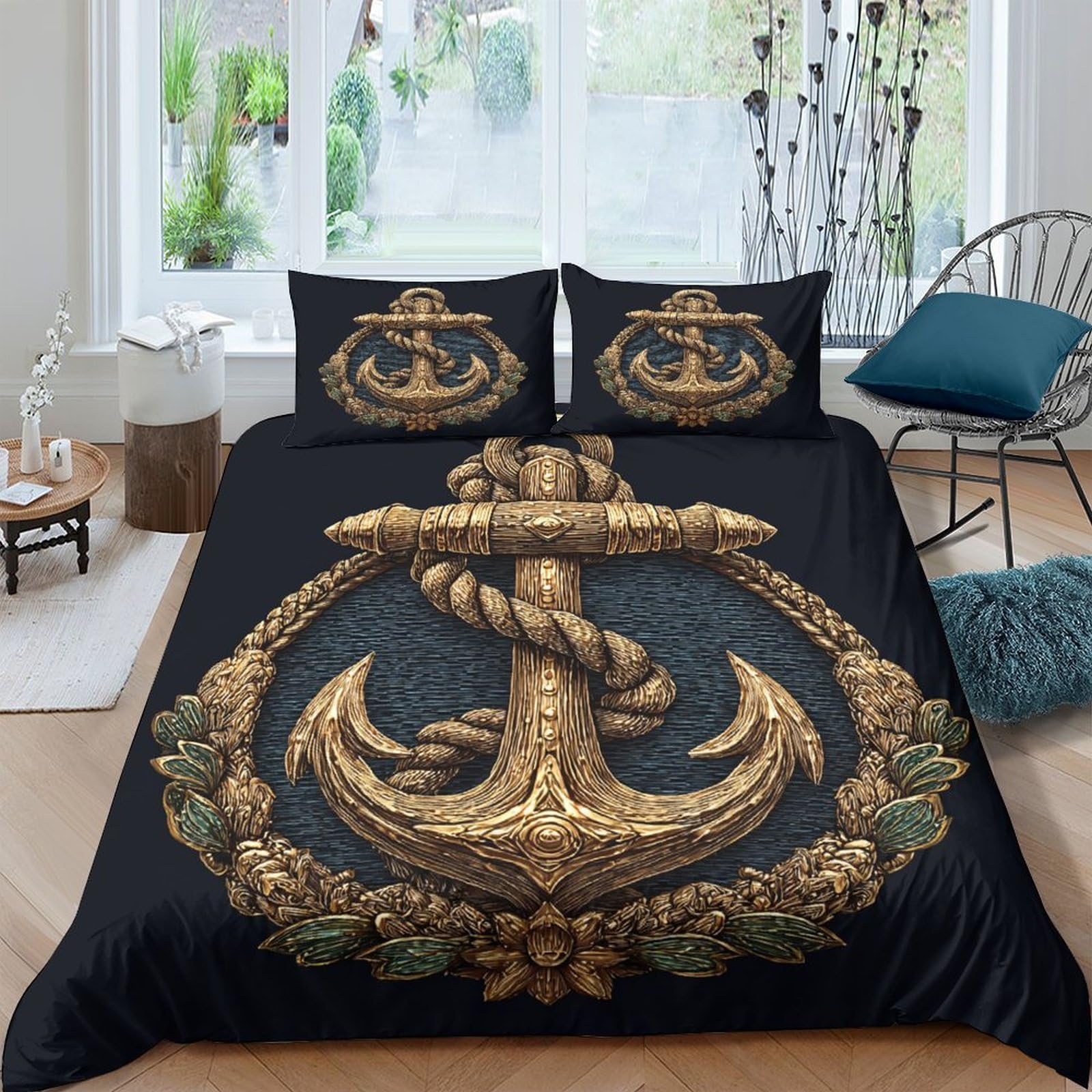 Ctjqhvkz Style-1 3D Printed Nautical Anchor Fitted Sheet Microfiber Soft Black Gold Rope Bed Cover For Bedroom Guest Room Mattress Protection Decor Single（135X200cm）