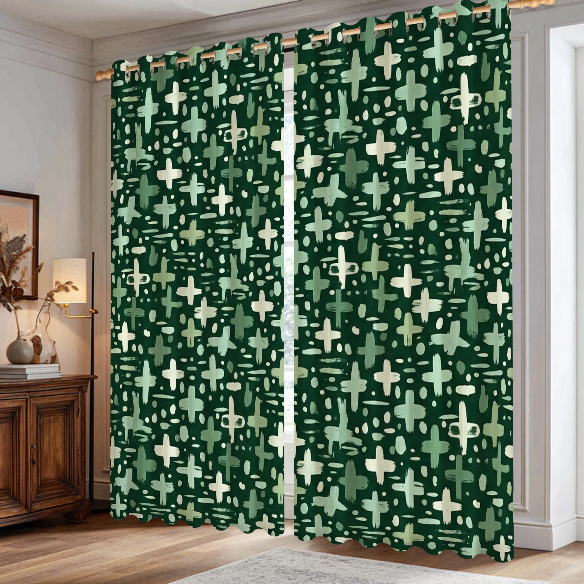 Rideaux occultants à pois abstraits vert 106x182 cm pour chambre