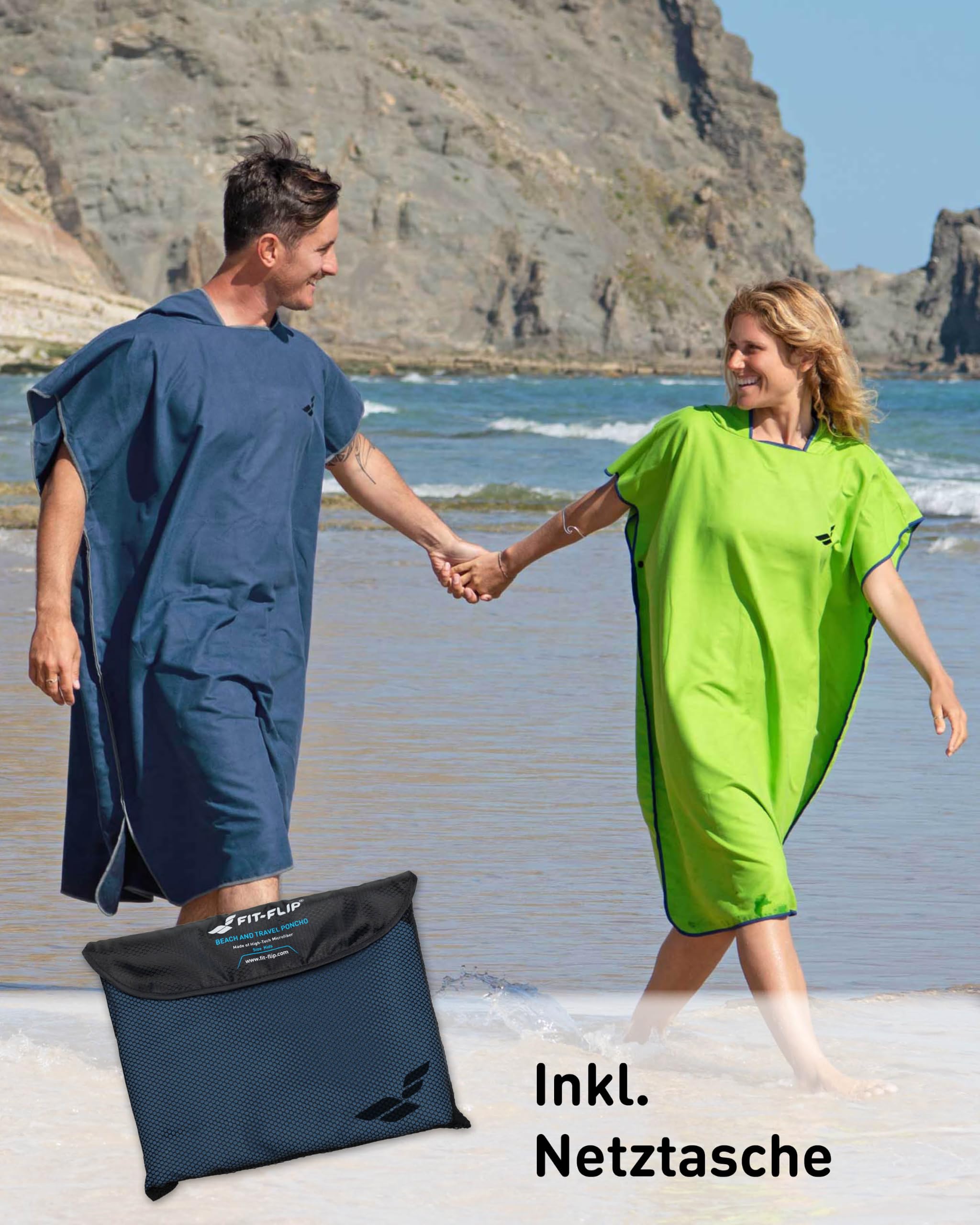 Fit-Flip Badeponcho aus Mikrofaser für Damen und Herren - schnelltrocknend, kompakt und Ultraleicht - Strandponcho für Erwachsene mit Kapuze