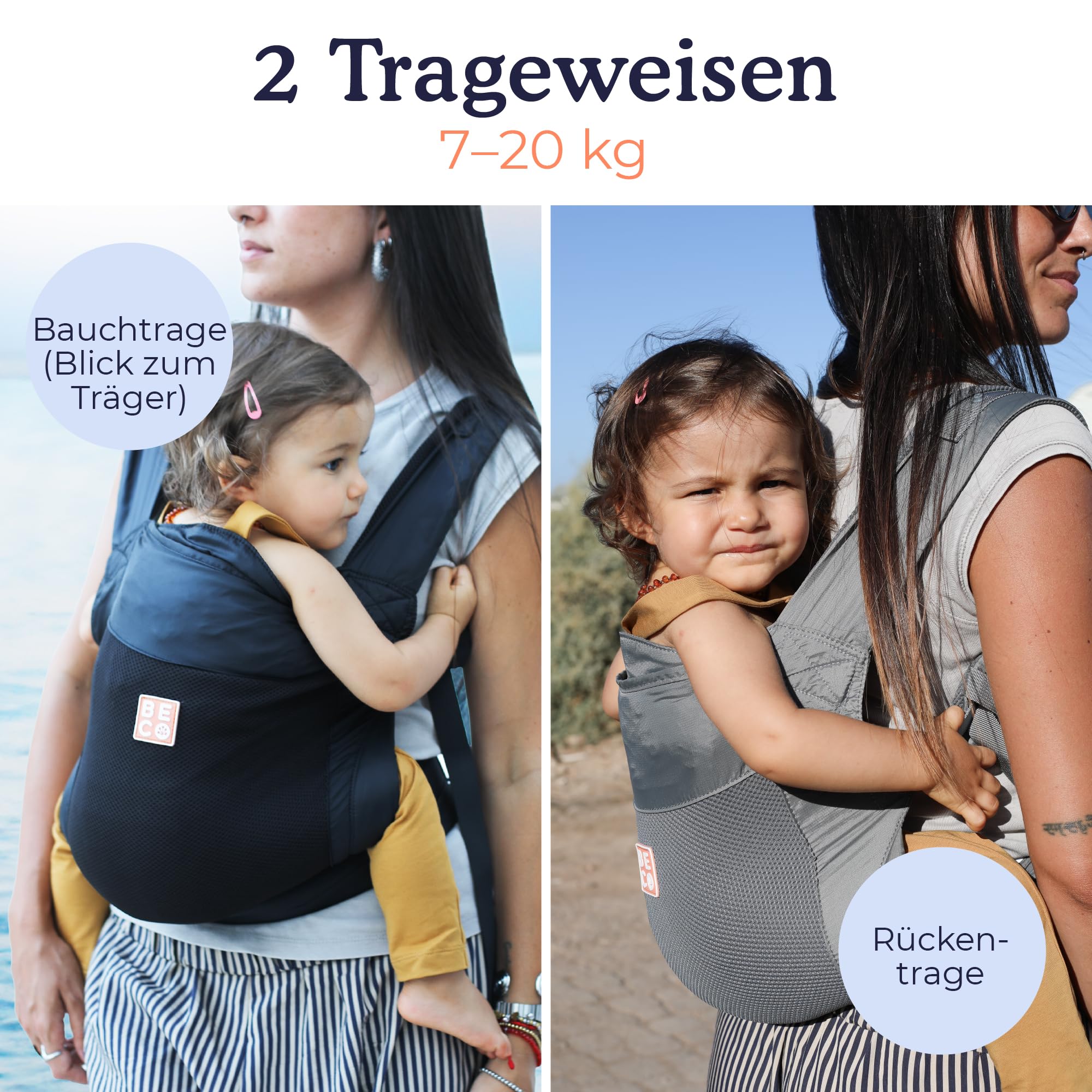 Beco Fly Ultralite Babytrage & Kindertrage – Kompakt, Faltbar & Leicht – Inkl. Transporttasche, Bauch- & Rückentrage, Ergonomische M-Position (7–20 kg) - Grau