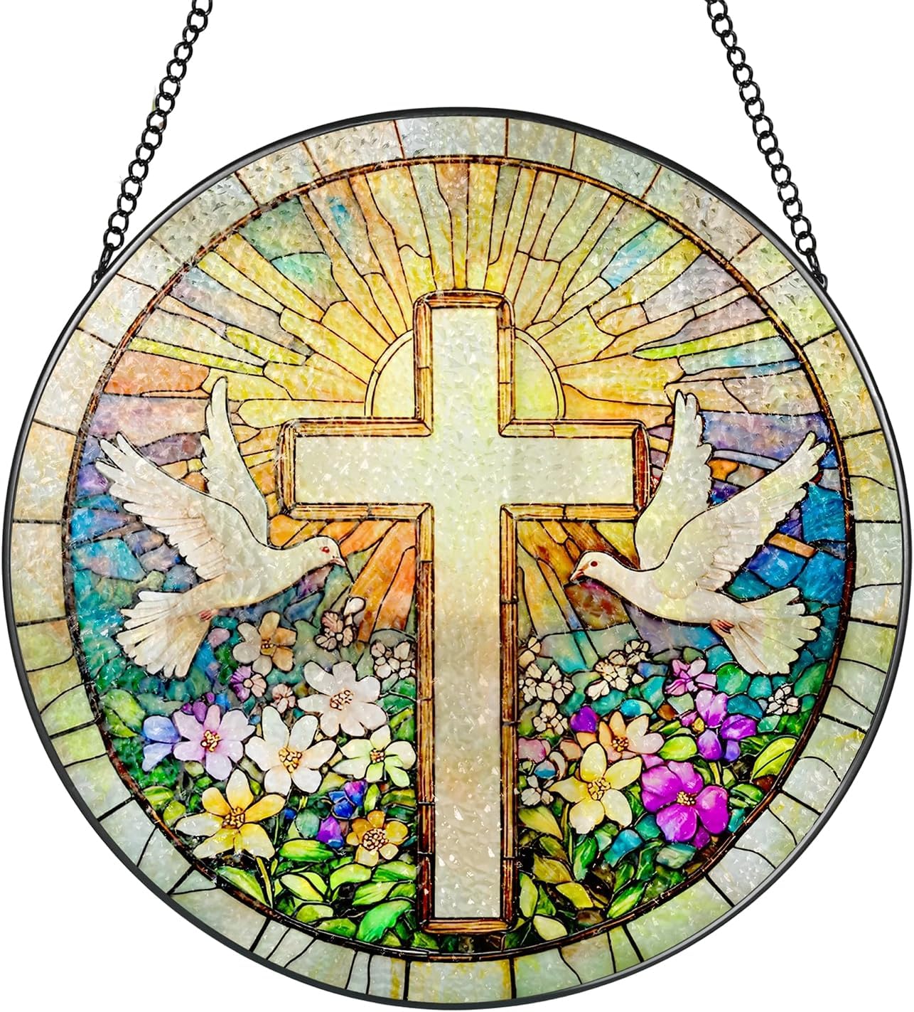 Cross Suncatcher Christian Gifts Acrylic Stained Glass Effect Sun Catcher 2D Flat Hand Painted Window Hanging Ornament, Vibrant Sun Catchers for Windows Garden Patio Balcony Home Decor