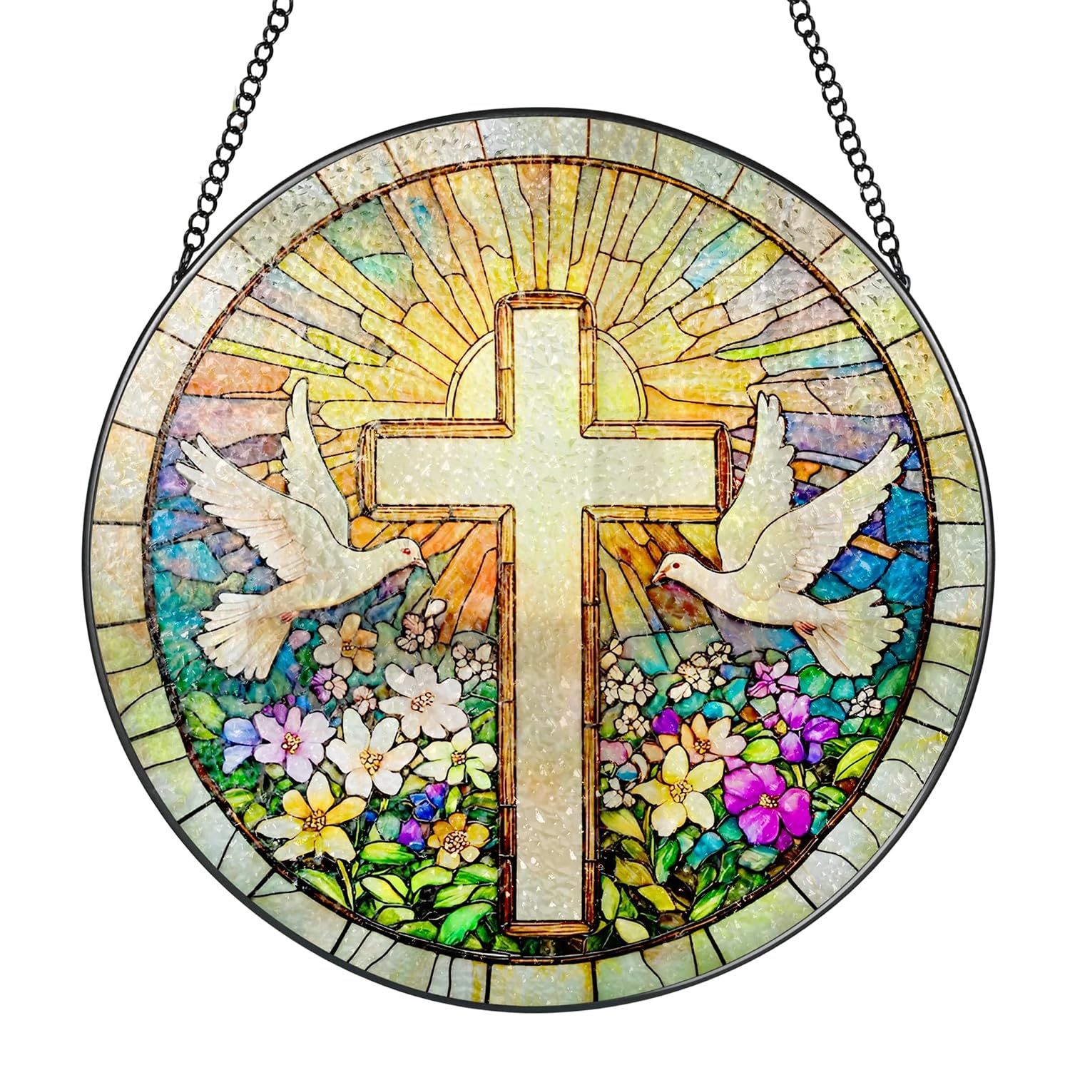 Cross Suncatcher Christian Gifts Acrylic Stained Glass Effect Sun Catcher 2D Flat Hand Painted Window Hanging Ornament, Vibrant Sun Catchers for Windows Garden Patio Balcony Home Decor