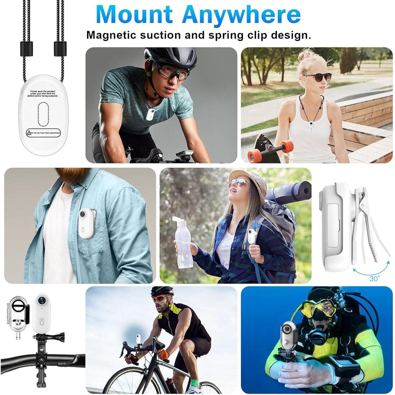 Mini Caméra Sport 1080P WiFi Action Cam IP68 Étanche 30M, Objectif Grand Angle 120°, Mini Camera Vlog POV, 800 mAh, Caméra Portable Casque Moto/Vélo/Ski/Animaux Camera Embarquée Compacte （Blanc）